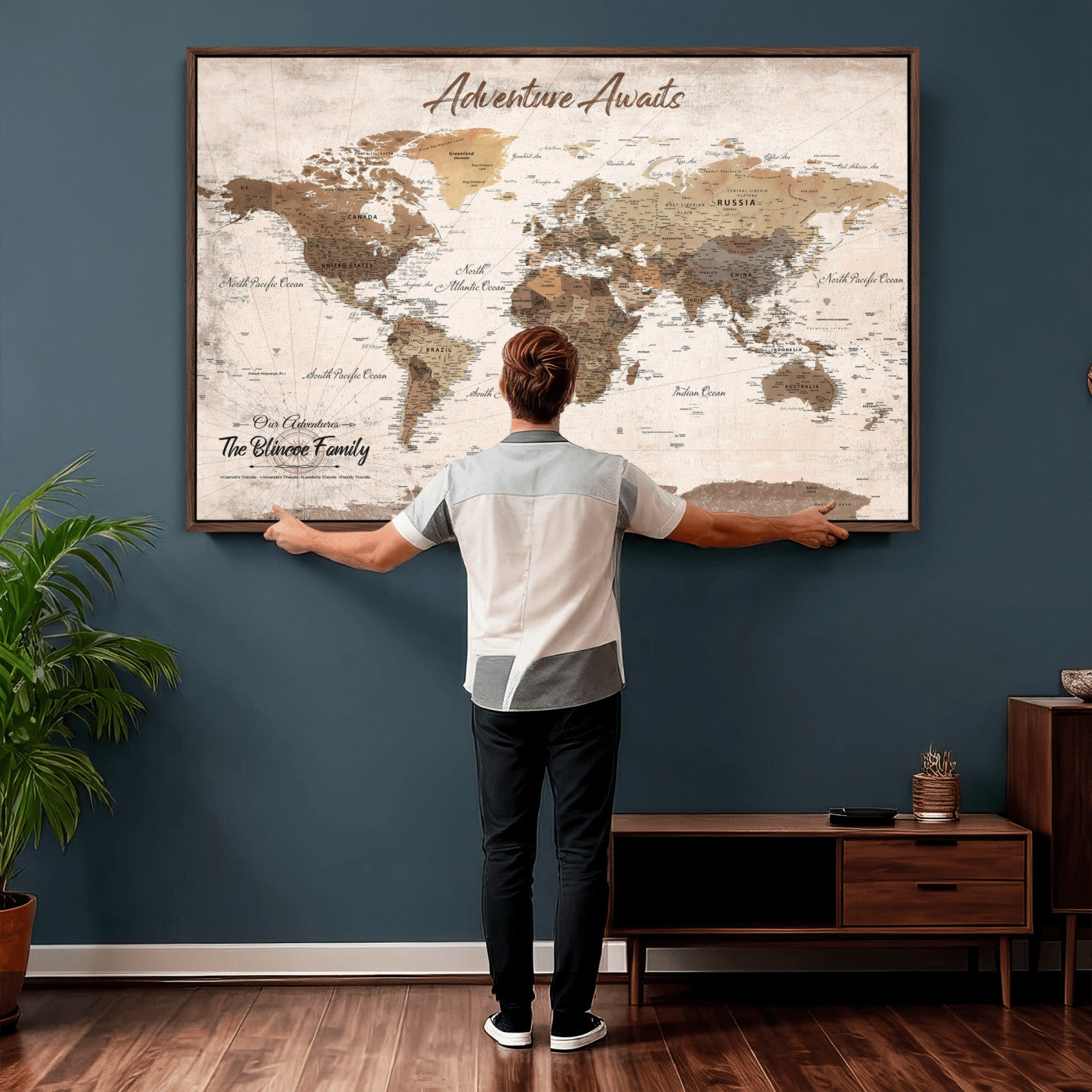 70887266-MGV-CV-36X24 - Custom Push Pin World Map Wall Art Canvas Print – Personalized Travel Tracker with Pins Framed Large for Home and Office Decor