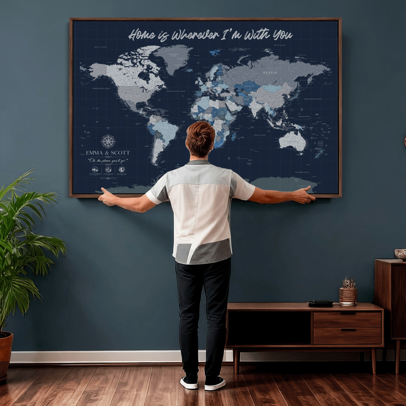 NEWMAP-18-MGV-CV-36X24 - Custom Push Pin World Map Wall Art Canvas Print – Personalized Travel Tracker with Pins Framed Large Print - NEWMAP-18