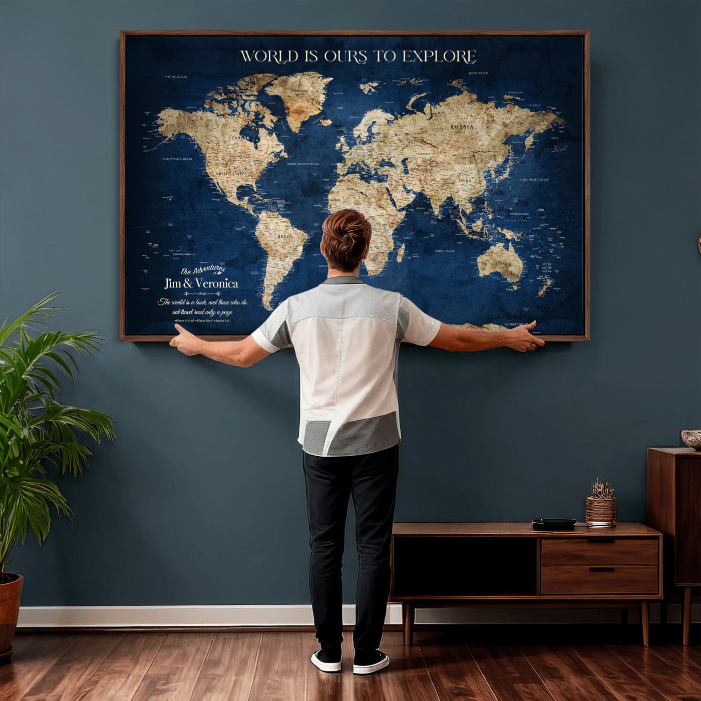 35296308-MGV-CV-36X24 - Custom Push Pin World Map Wall Art Canvas Print – Personalized Travel Tracker with Pins Framed Large for Home and Office Decor