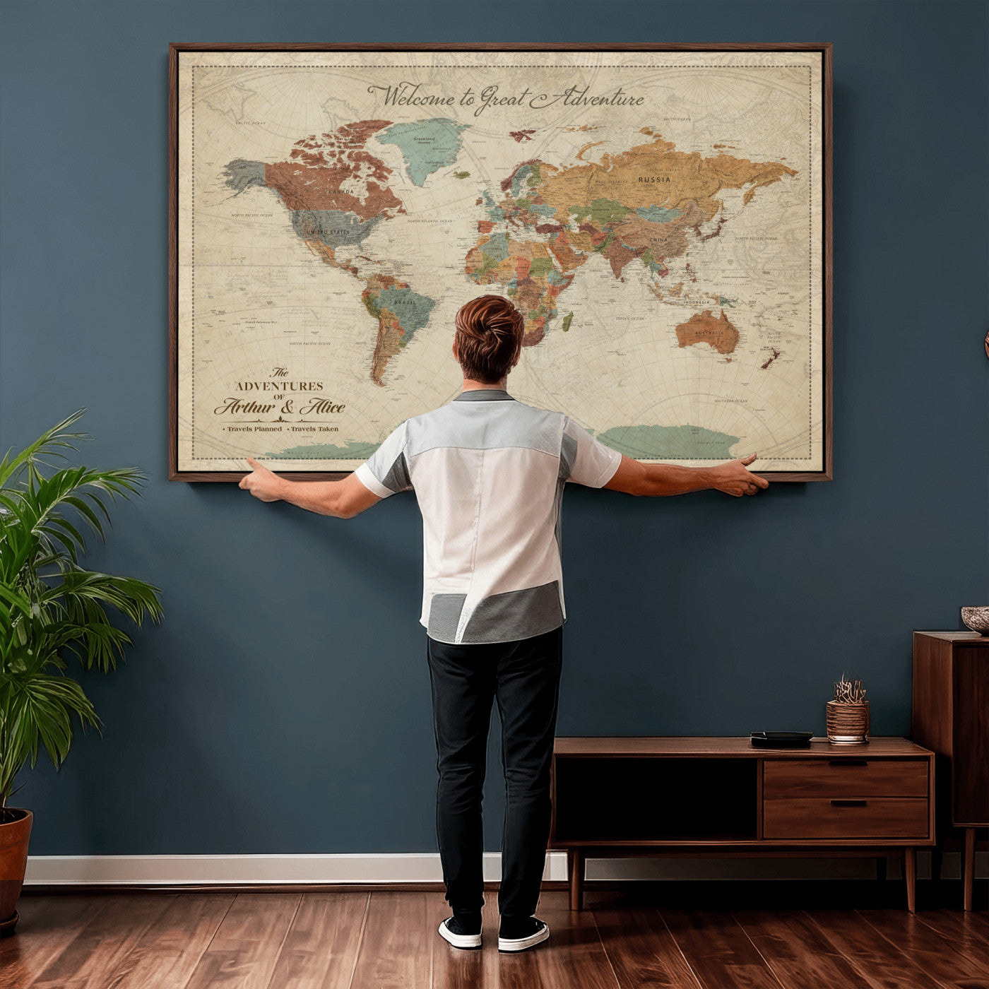 44361524-MGV-CV-36X24 - Custom Push Pin World Map Wall Art Canvas Print – Personalized Travel Tracker with Pins Framed Large for Home and Office Decor