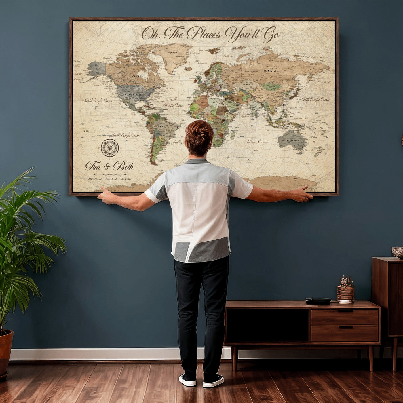 72027187-MGV-CV-36X24 - Custom Push Pin World Map Wall Art Canvas Print – Personalized Travel Tracker with Pins Framed Large for Home and Office Decor