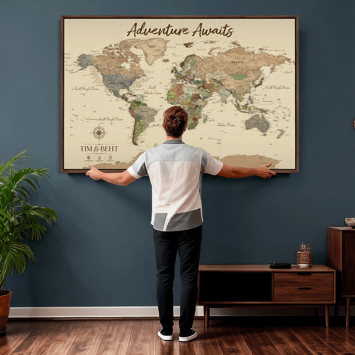 72027187-MGV-CV-36X24 - Custom Push Pin World Map Wall Art Canvas Print – Personalized Travel Tracker with Pins Framed Large for Home and Office Decor