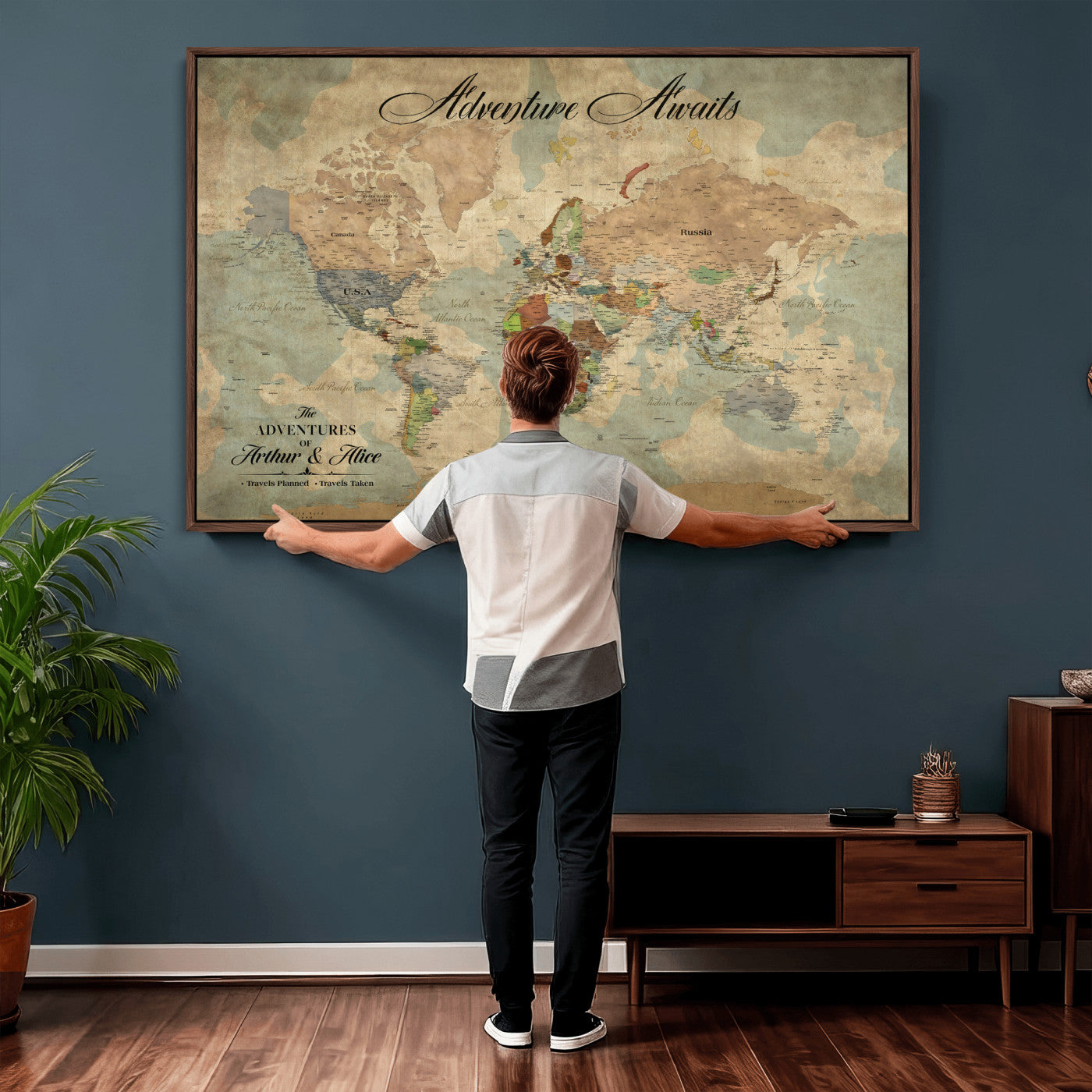 80420159-MGV-CV-36X24 - Custom Push Pin World Map Wall Art Canvas Print – Personalized Travel Tracker with Pins Framed Large for Home and Office Decor
