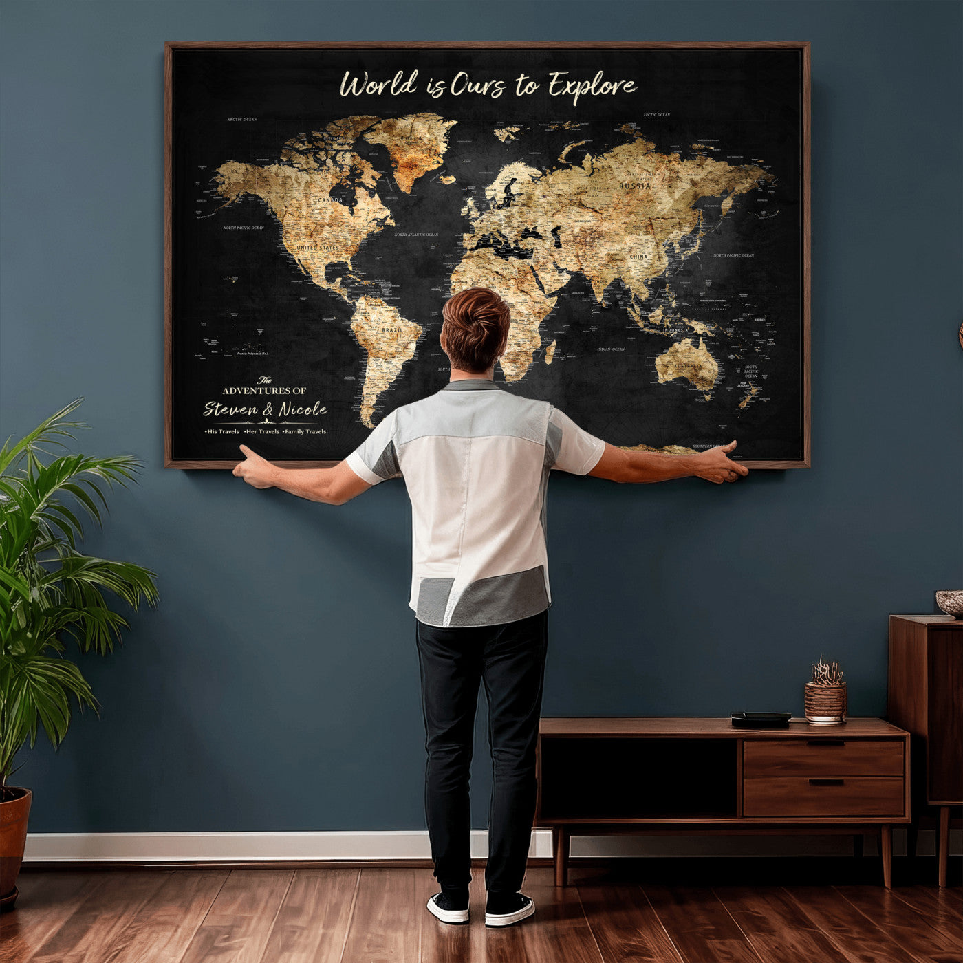 73732636-MGV-CV-36X24 - Custom Push Pin World Map Wall Art Canvas Print – Personalized Travel Tracker with Pins Framed Large for Home and Office Decor