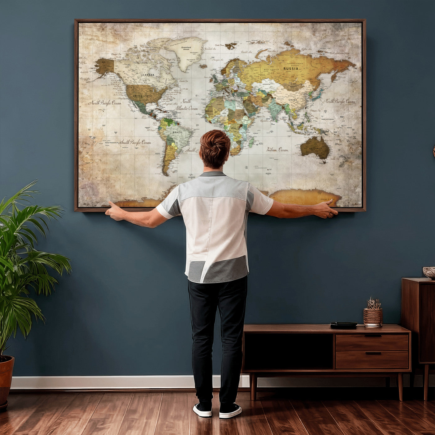 86108417-MGV-CV-36X24 - World Map Wall Art Canvas Print, Modern Decorative Framed Map Artwork Prints for Living Room, Office, Bedroom Wall Decor