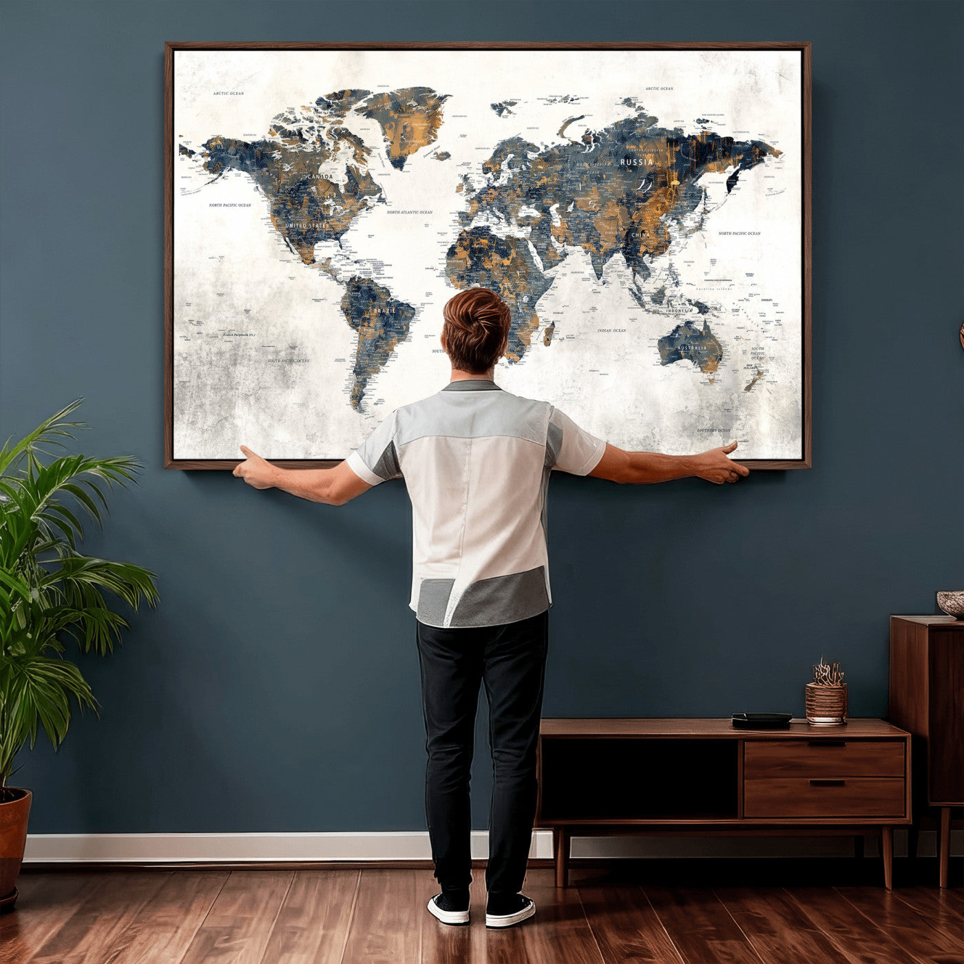 52451147-MGV-CV-36X24 - World Map Wall Art Canvas Print, Modern Decorative Framed Map Artwork Prints for Living Room, Office, Bedroom Wall Decor