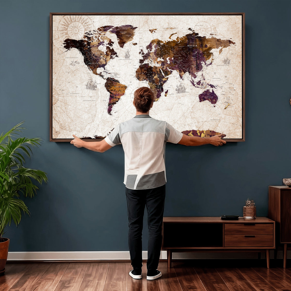 53400857-MGV-CV-36X24 - Blue Watercolor World Map Canvas Print – Framed Modern Wall