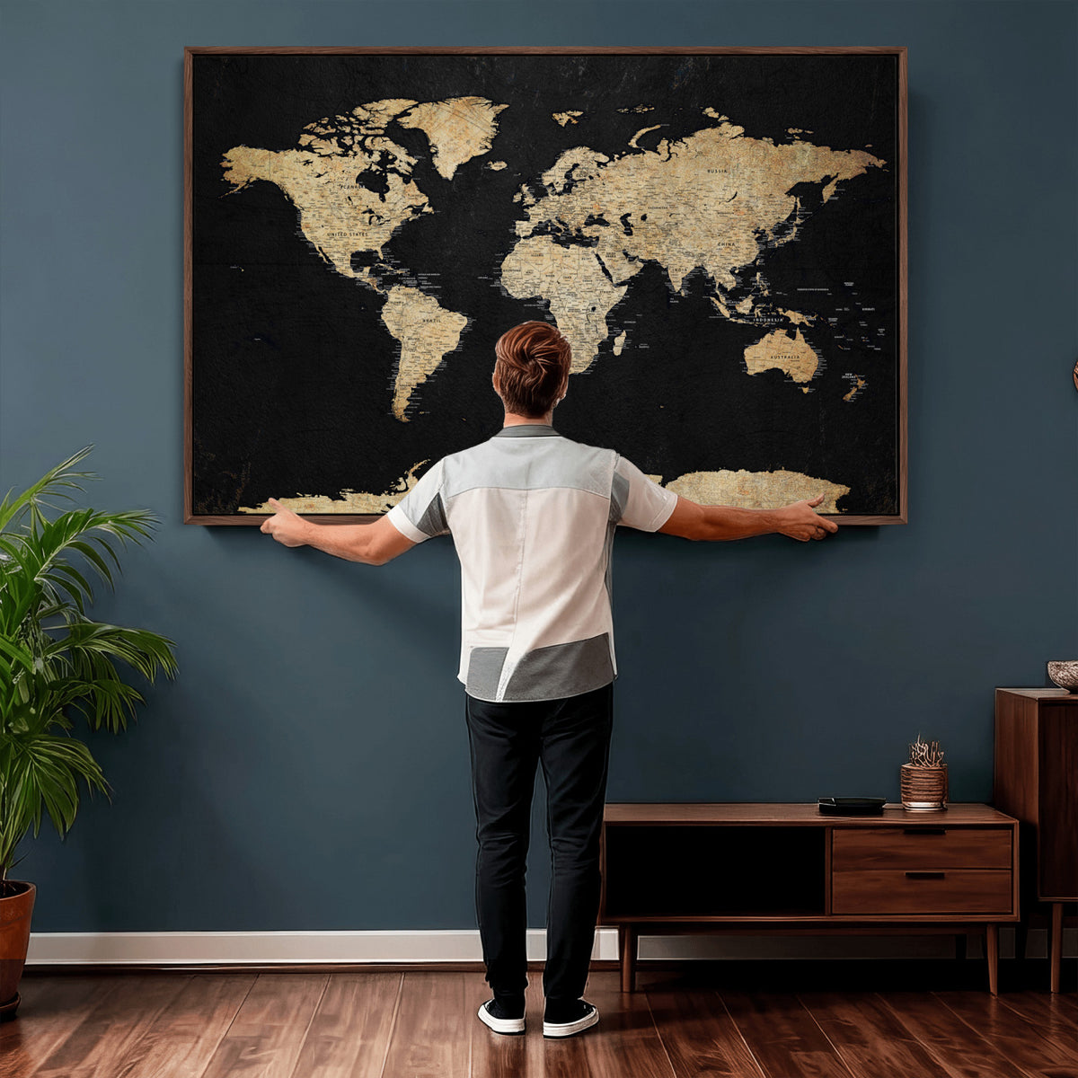 71518849-MGV-CV-36X24 - Beige World Map Canvas Wall Art Print, Minimal Black and