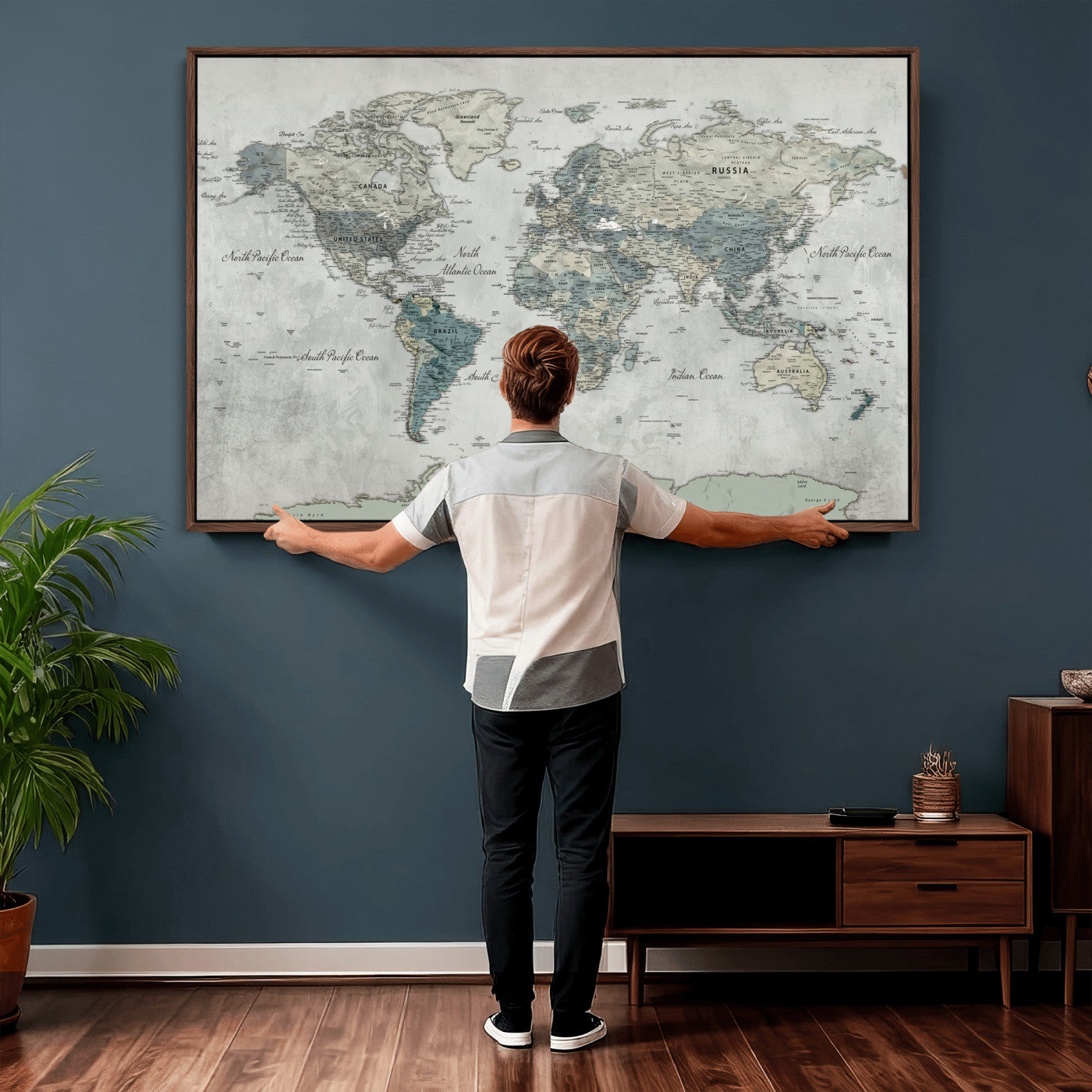 91132939-MGV-CV-36X24 - World Map Wall Art Canvas Print, Modern Decorative Framed Map Artwork Prints for Living Room, Office, Bedroom Wall Decor