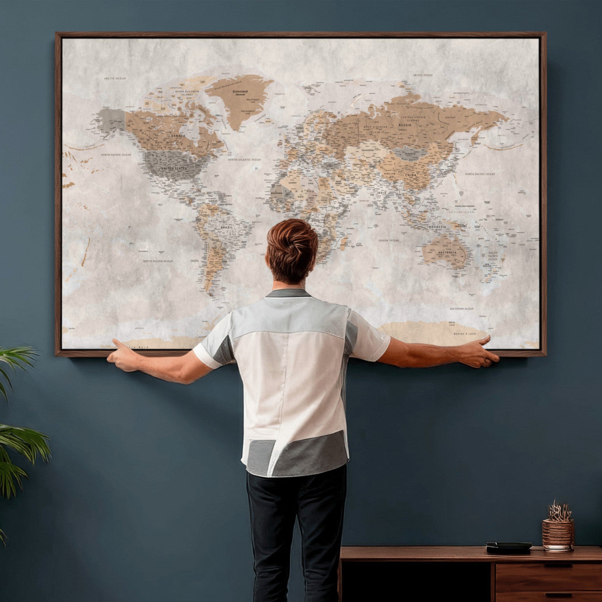 34051638-MGV-CV-36X24 - World Map Wall Art Canvas Print, Modern Decorative Framed Map Artwork Prints for Living Room, Office, Bedroom Wall Decor