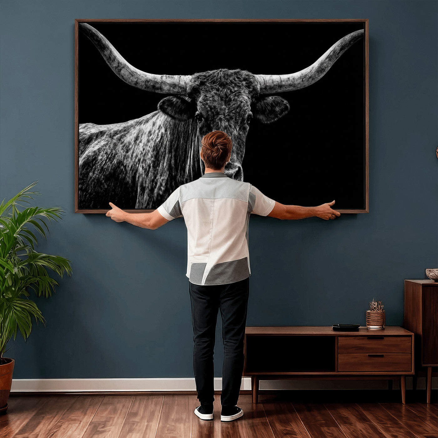 86568508-MGV-CV-36X24 - Vintage Texas Longhorn Bull Wall Art Canvas Print, Texas Cow Portrait Print, Framed Bull Wall Art Ready to Hang