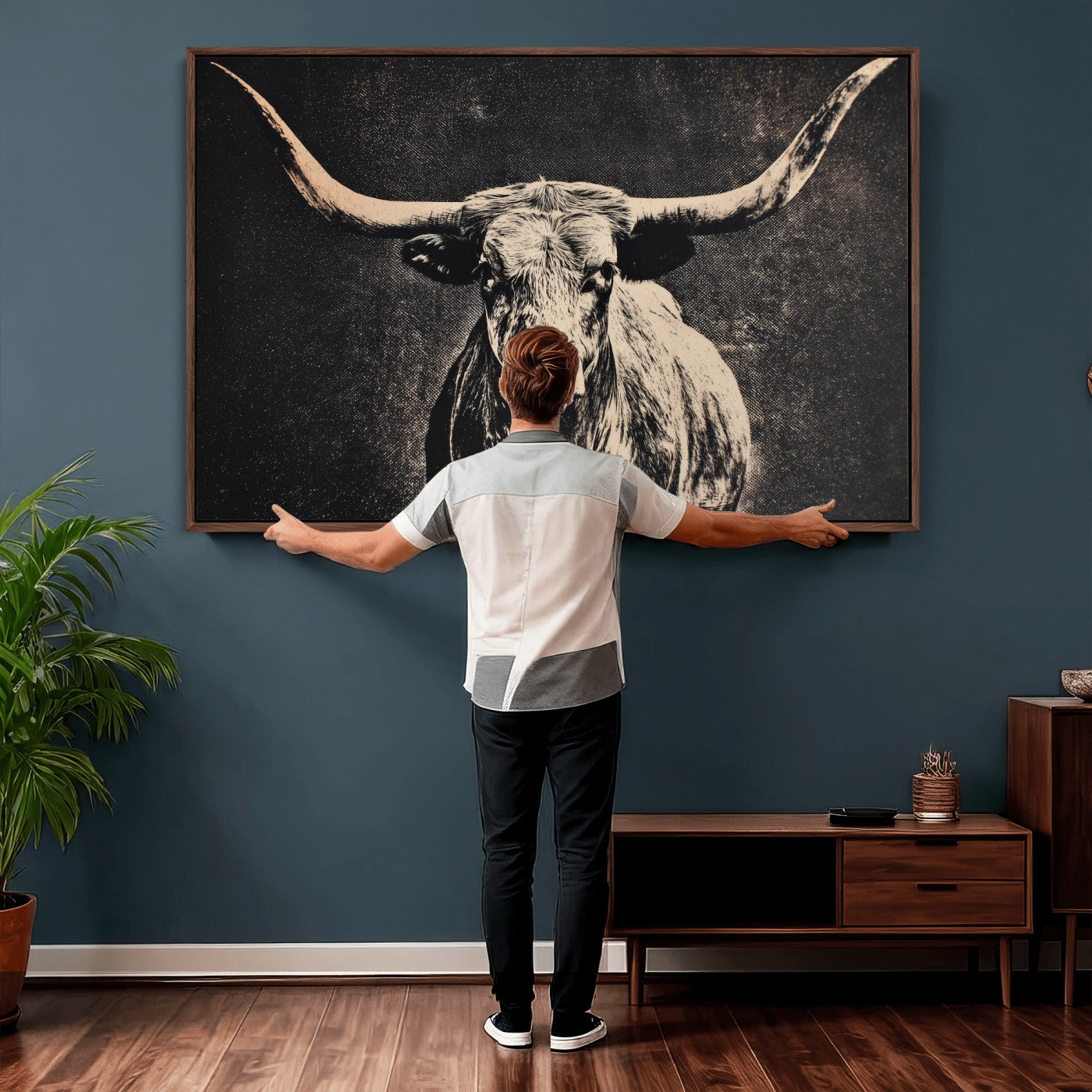 27394218-MGV-CV-36X24 - Vintage Texas Longhorn Bull Wall Art Canvas Print, Cow Portrait Photography Print, Framed Wall Art Ready to Hang