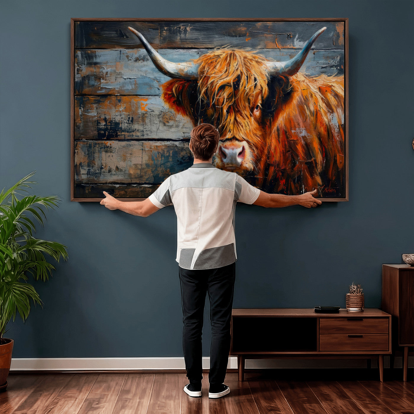 90271423-MGV-CV-36X24 - Highland Cow Wall Art Canvas Print, Abstract Rustic Farm Animal Wall Art Print, Framed Wall Art Ready to Hang