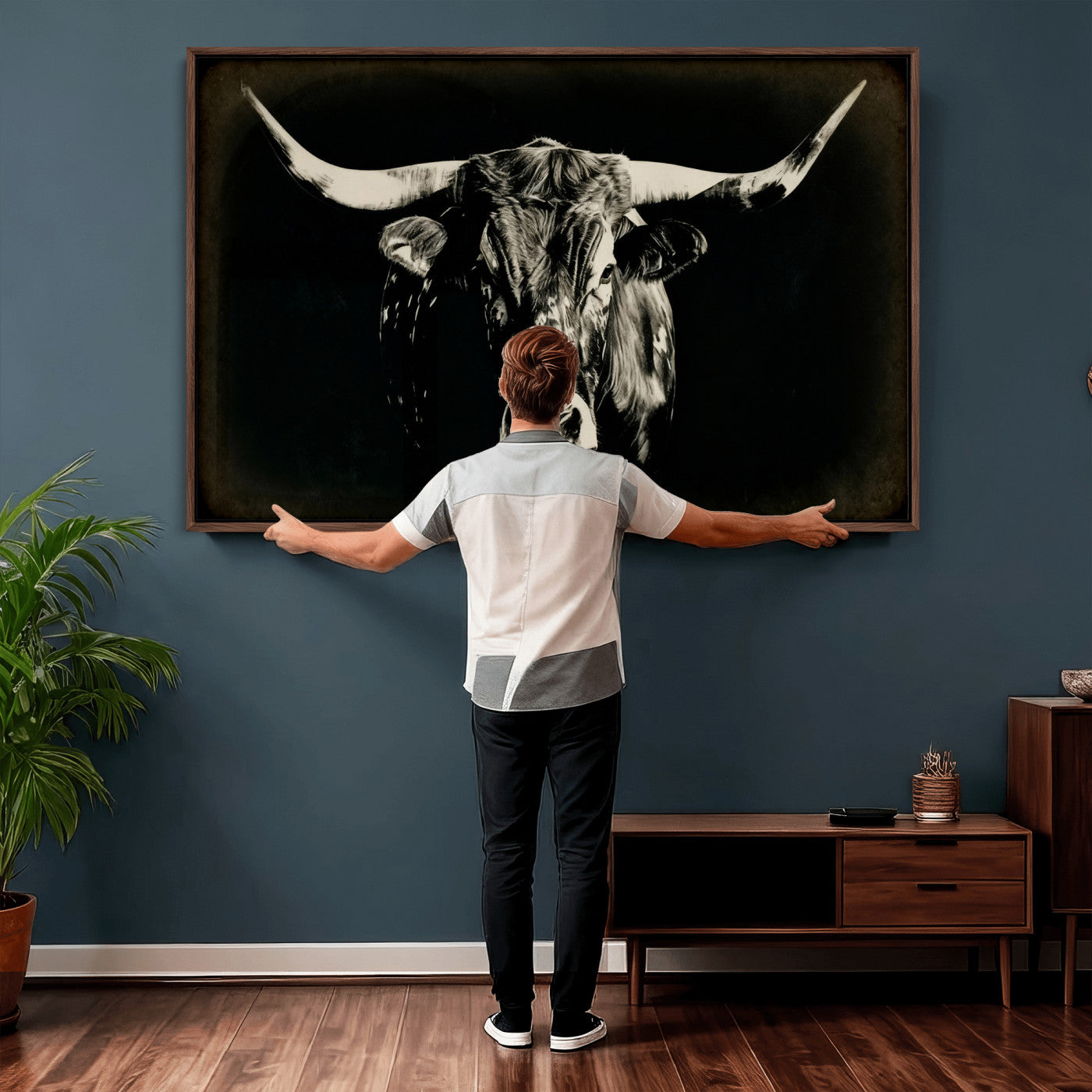 91364114-MGV-CV-36X24 - Black Bull Wall Art Canvas Print, Texas Longhorn Portrait Print, Framed Wall Art Ready to Hang