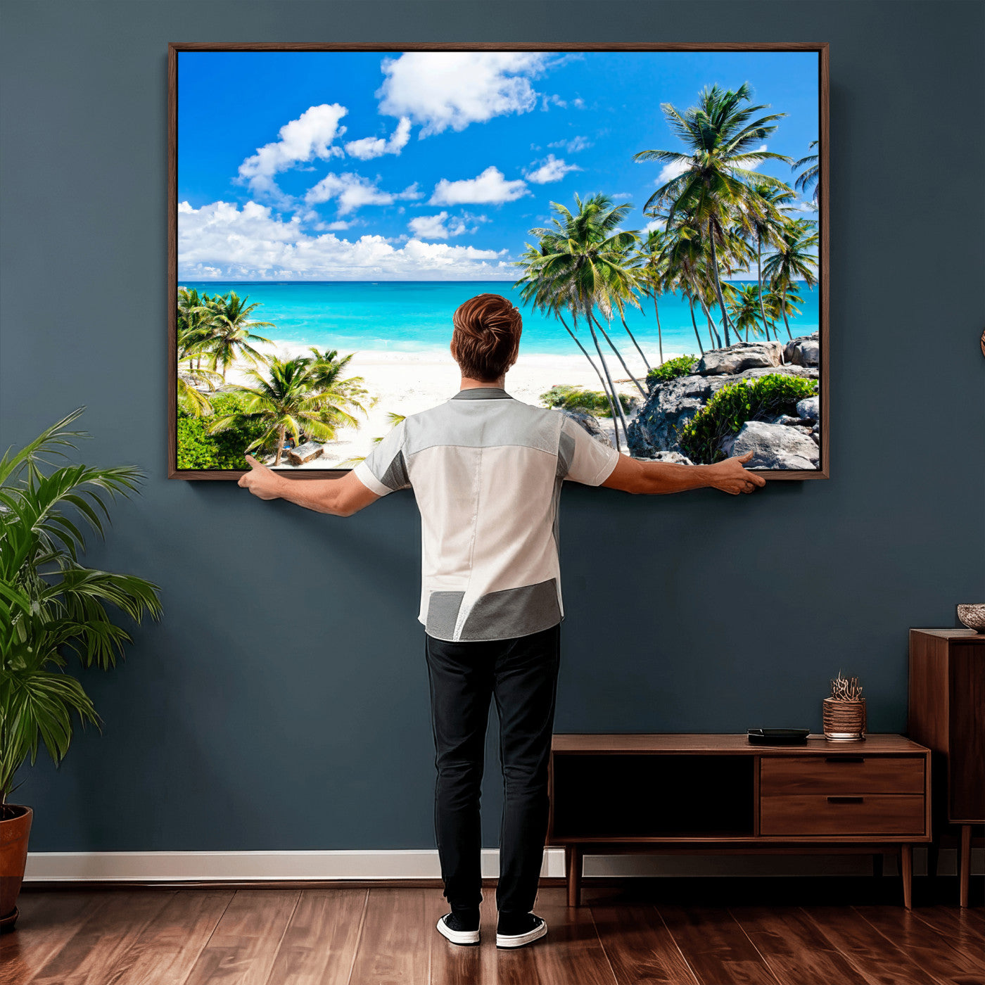 29232878-MGV-CV-36X24 - Barbados Beach Wall Art Canvas Print, Palm Tree Ocean Landscape, Turquoise Sea Coastal Photography, Tropical Island Wall Decor, Framed Ready to Hang