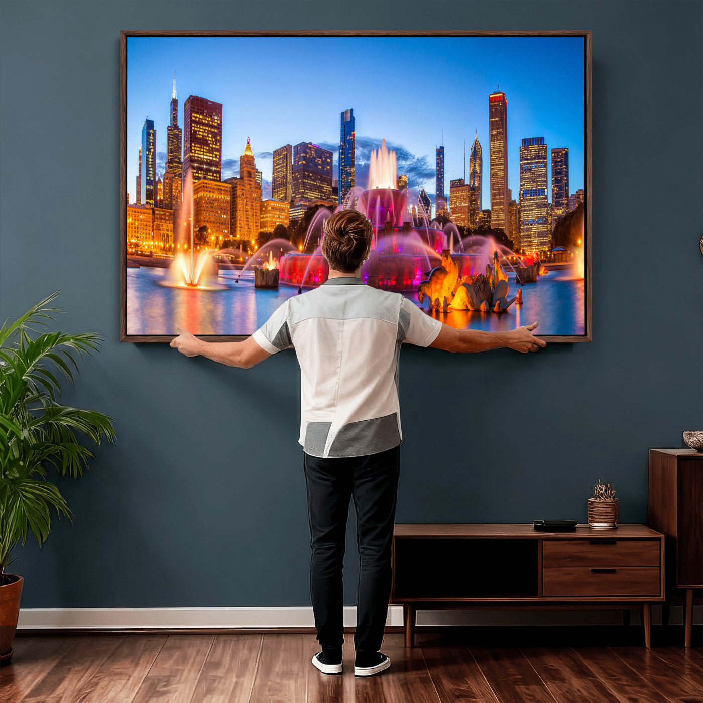 20251989-MGV-CV-36X24 - Chicago Wall Art Canvas Print, Chicago City Downtown Night Cityscape Print for Modern Urban Wall Decor