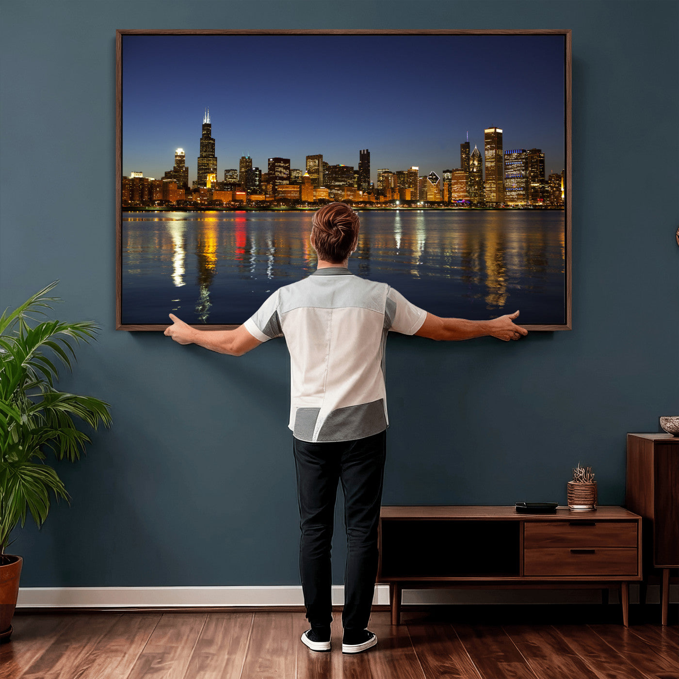 67308035-MGV-CV-36X24 - Chicago Wall Art Canvas Print, Chicago City Downtown Night Cityscape Print for Modern Urban Wall Decor