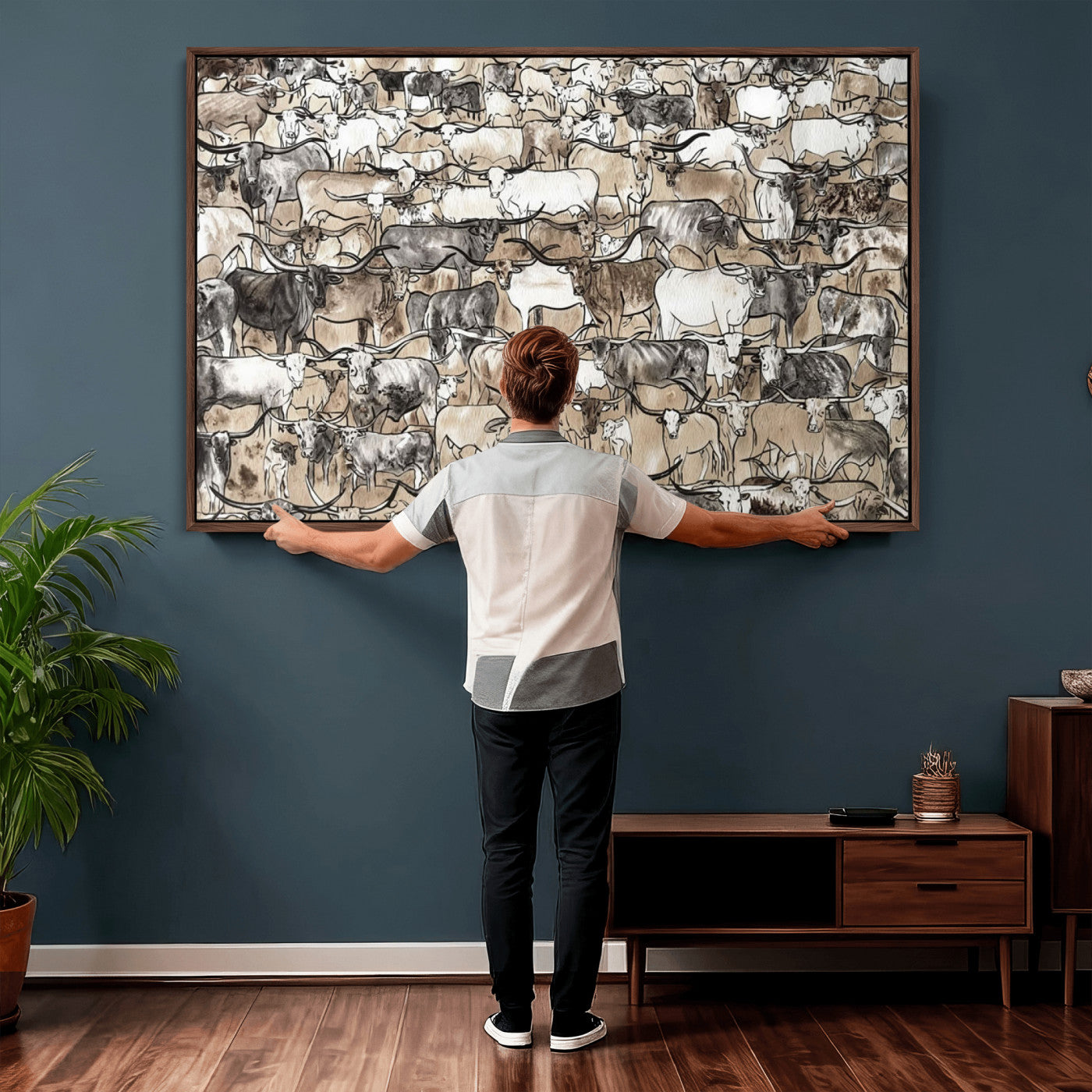 64368752-MGV-CV-36X24 - Farmhouse Animals Wall Art Canvas Print - Abstract Farm Animal Drawing Mid-Century Wall Art for Cabin Decor