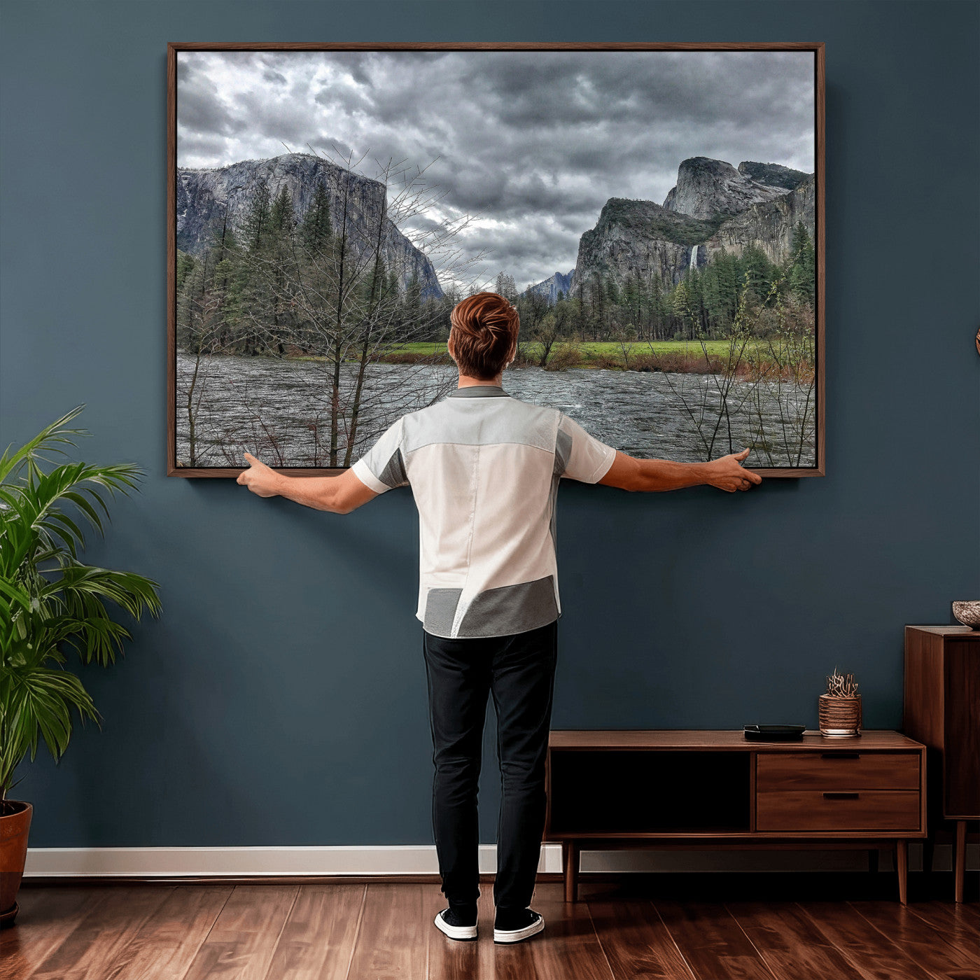 75582552-MGV-CV-36X24 - Yosemite Valley River Landscape Wall Art Canvas Print, Granite Cliffs Forest River Canvas Print, California National Park Moody Scenic Art Printi