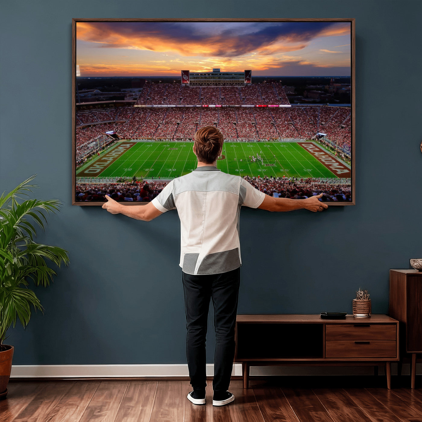 51457497-MGV-CV-36X24 - Oklahoma Sooners Stadium Wall Art Canvas Print, College Football Sunset Game Scene, OU Football Field Panorama Wall Decor