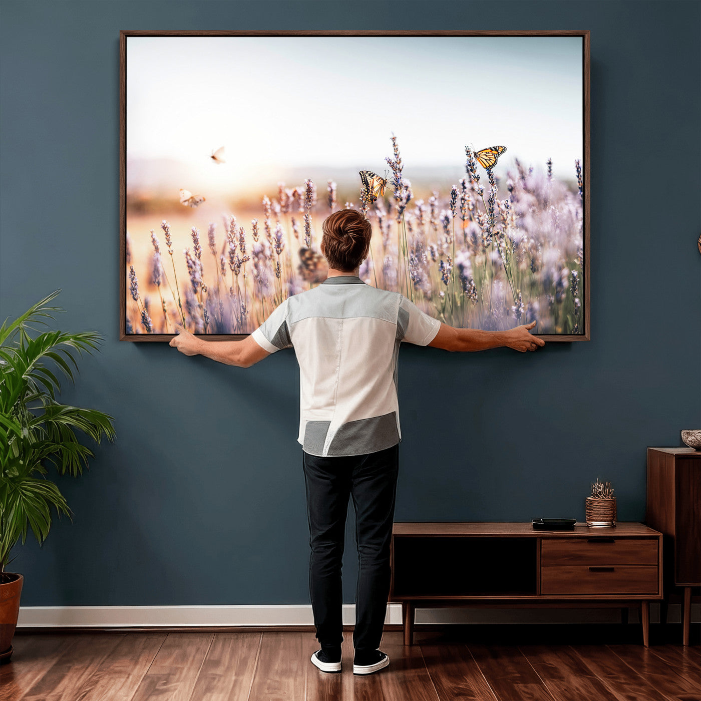 46417478-MGV-CV-36X24 - Lavender Field Wall Art Canvas Print, Butterfly Floral Landscape Art, Soft Nature Wall Decor for Bedroom