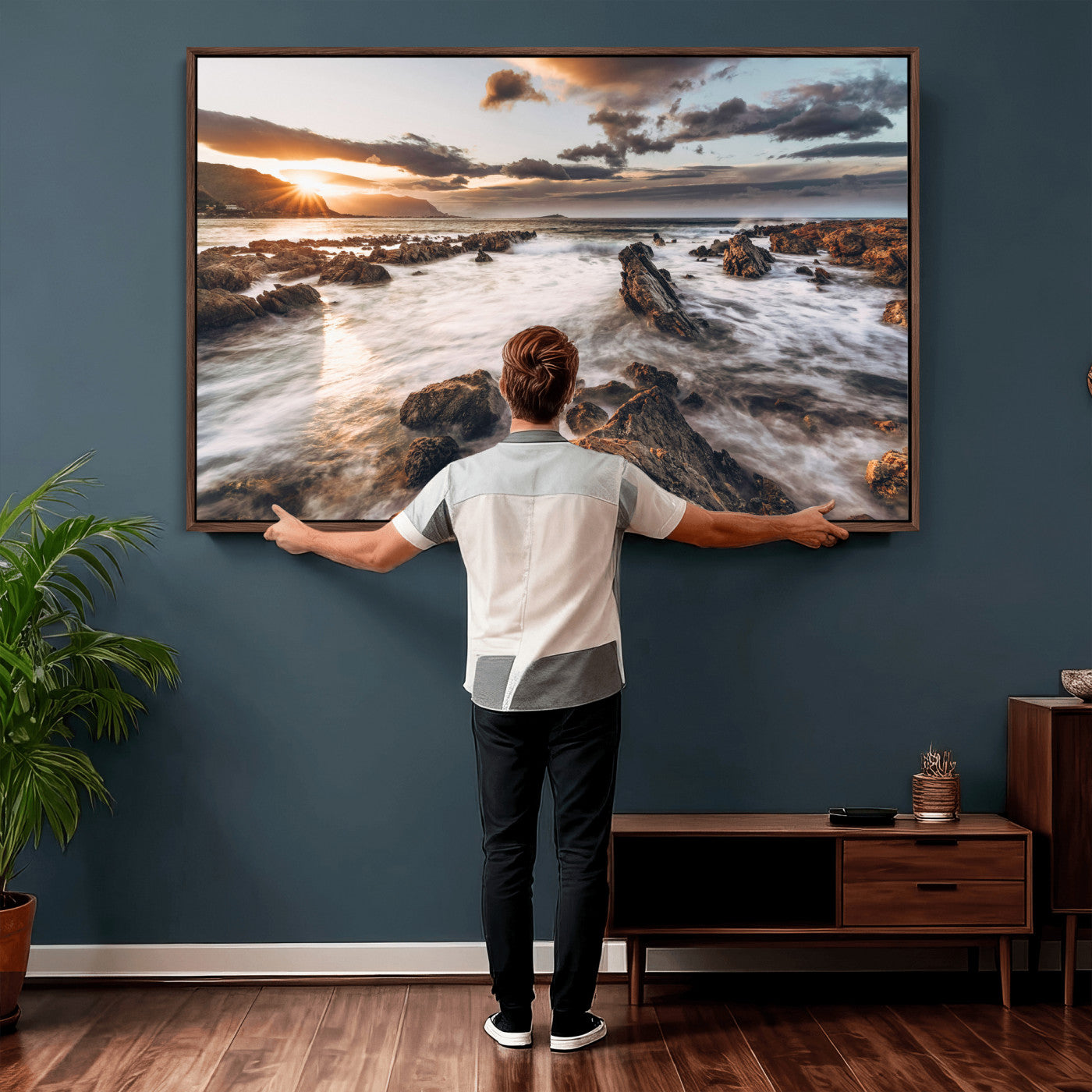 66746024-MGV-CV-36X24 - Rocky Coast Ocean Sunset Wall Art Canvas Print, Dramatic Seascape Nature Wall Decor for Living Room and Office