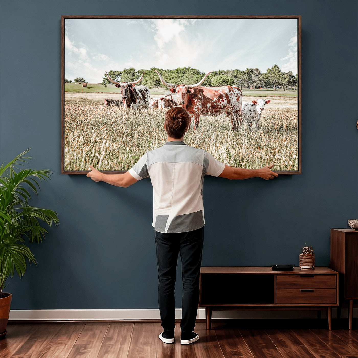 33963645-MGV-CV-36X24 - Texas Longhorn Cattle Wall Art Canvas Print, Western Ranch Landscape Nature Wall Decor for Living Room and Office