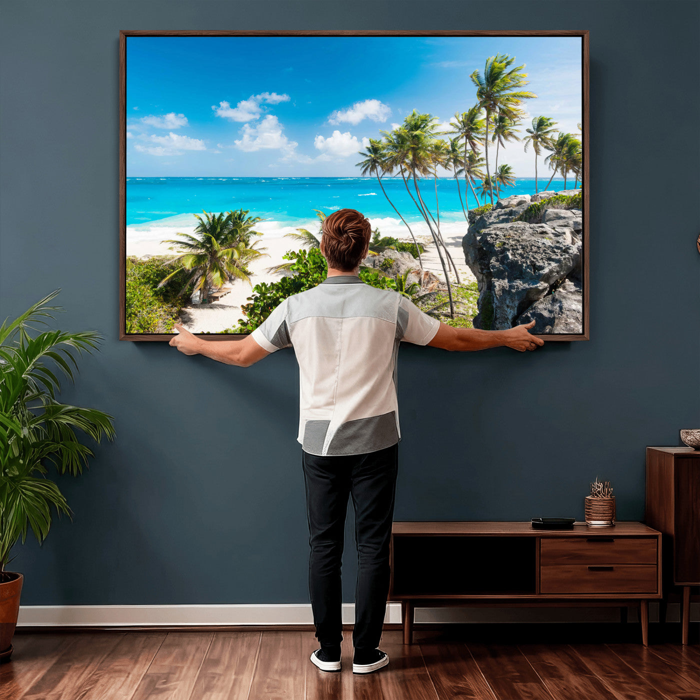 98605610-MGV-CV-36X24 - Tropical Beach Wall Art Canvas Print, Palm Tree Ocean Landscape Photography, Caribbean Coastal Artwork
