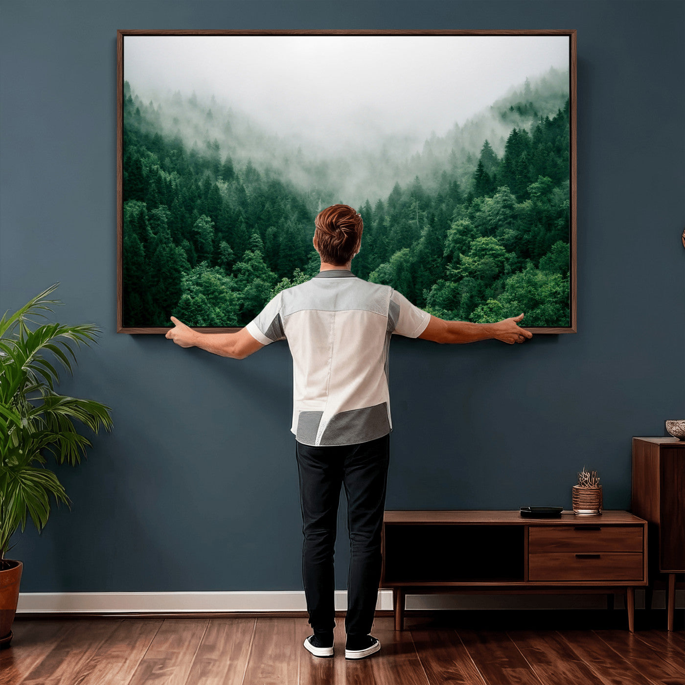 61640815-MGV-CV-36X24 - Misty Pine Forest Wall Art Canvas Print, Foggy Evergreen Landscape Wall Decor, Moody Green Nature Artwork, Minimal Forest Canvas Wall Art, Framed Canvas Wall Art Ready to Hang
