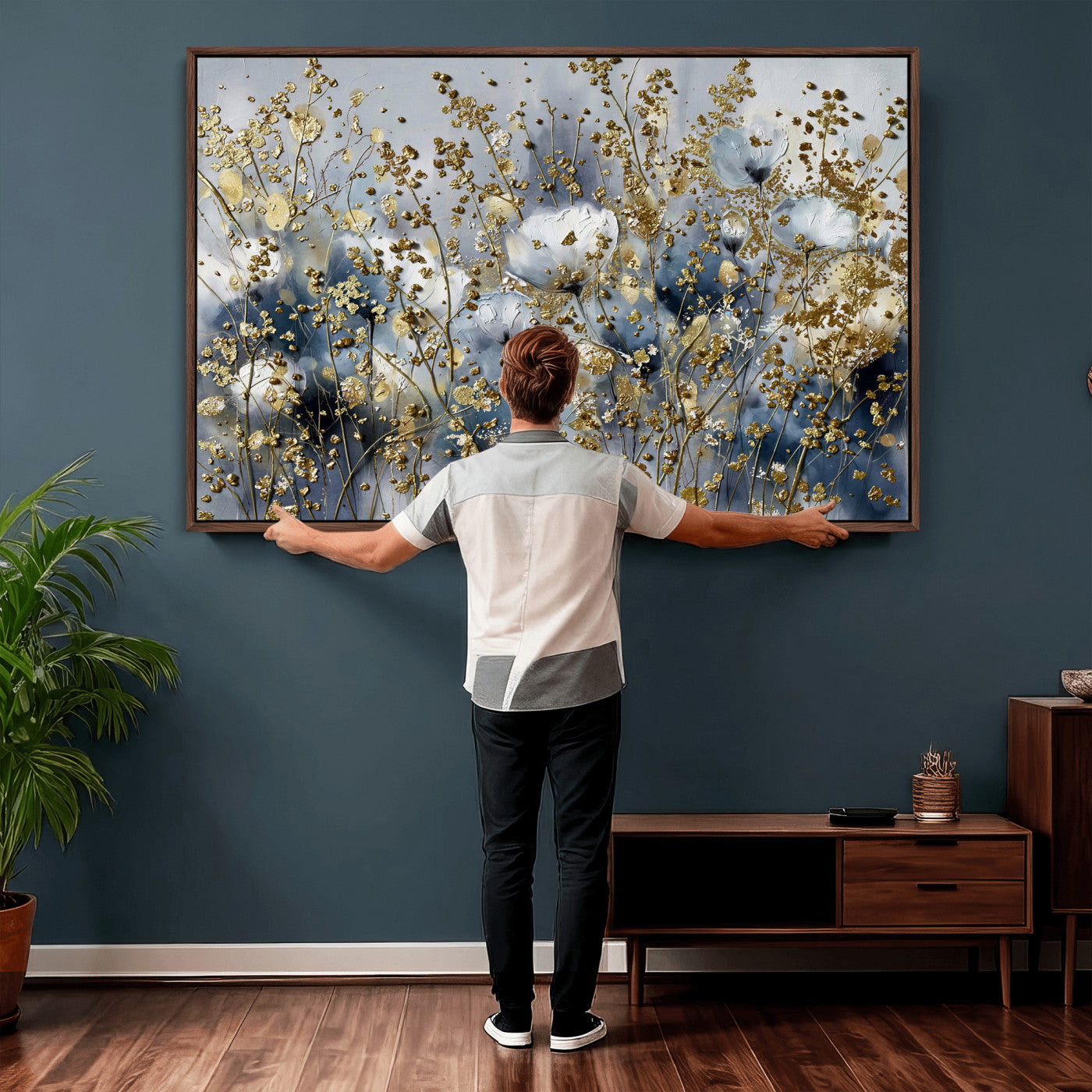 24499670-MGV-CV-36X24 - Abstract Floral Wall Art Canvas Print – Gold and Blue Botanical Artwork for Living Room, Bedroom, and Office Decor