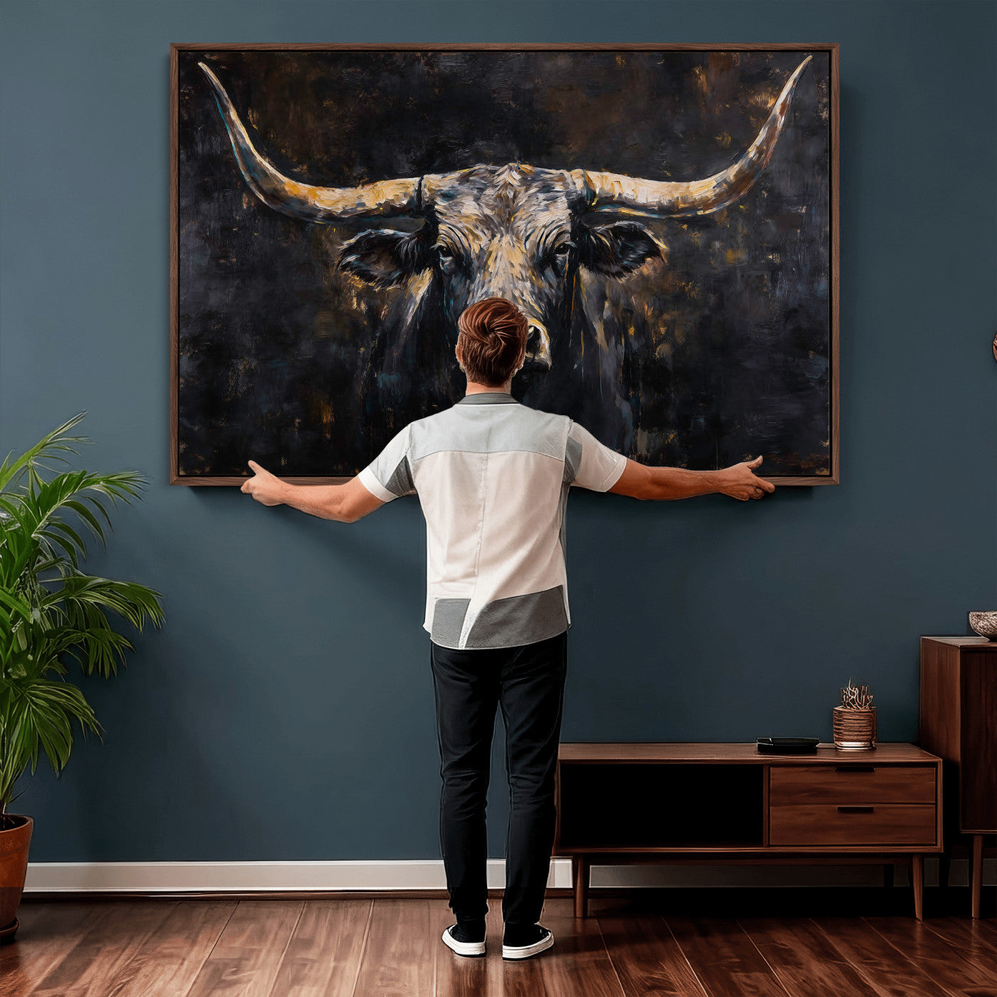 17622011-MGV-CV-36X24 - Abstract Longhorn Bull Wall Art Canvas Print – Dark Rustic Western Cattle Artwork for Farmhouse, Ranch, Cabin, and Office Decor