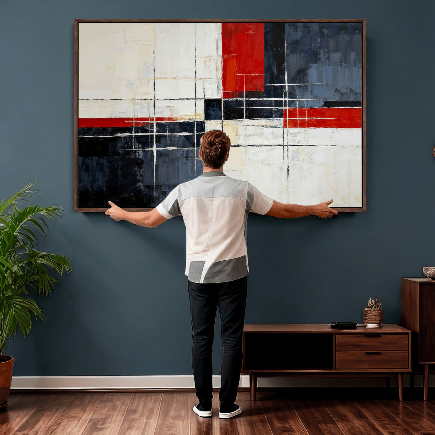 11921181-MGV-CV-36X24 - Navy Red Abstract Wall Art Canvas Print, Modern Luxury Geometric Painting Wall Decor for Living Room and Office