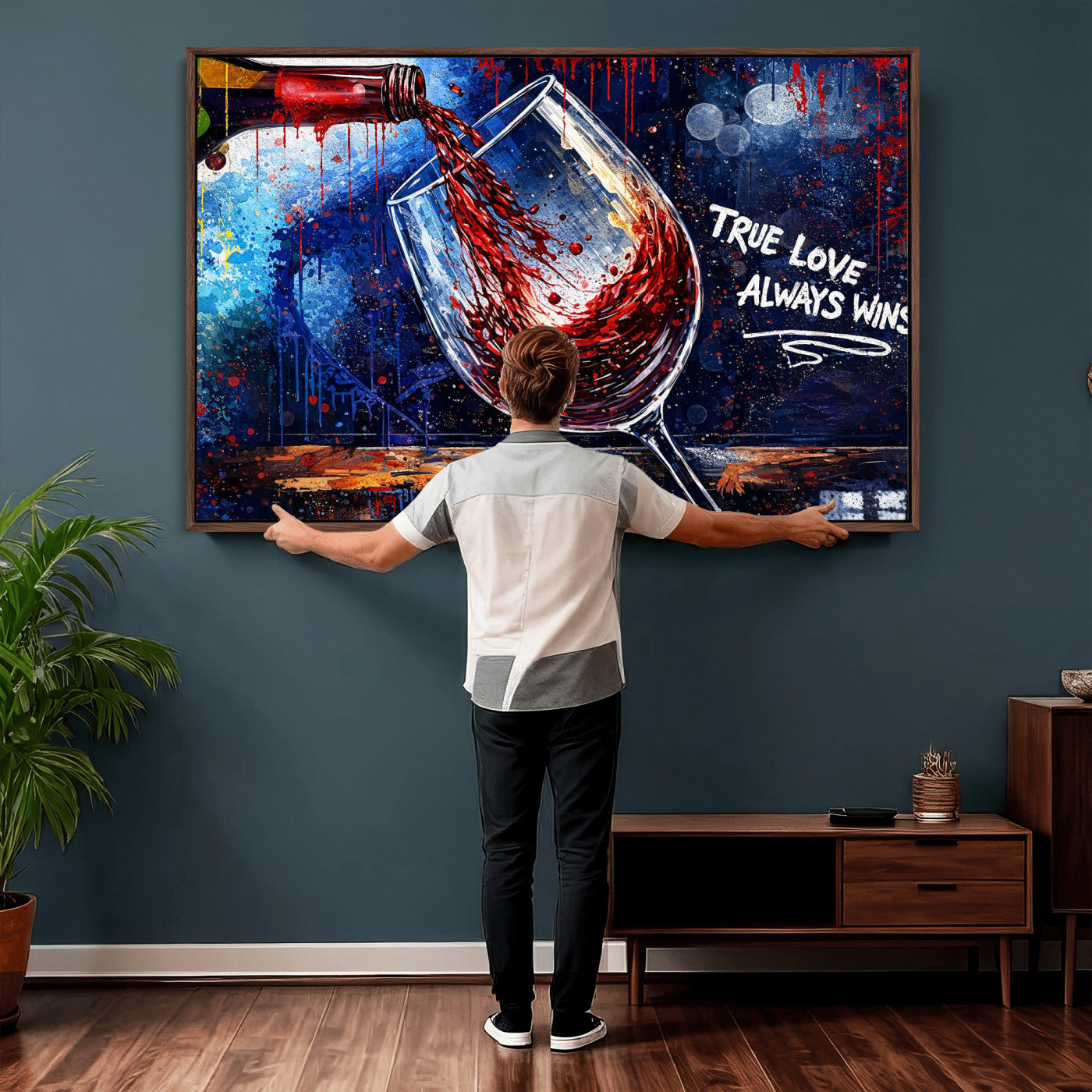 88788932-MGV-CV-36X24 - Red Wine Splash Abstract Wall Art Canvas Print, Modern Wine Glass Painting Canvas Print, Romantic Quote Contemporary Bar Art Print