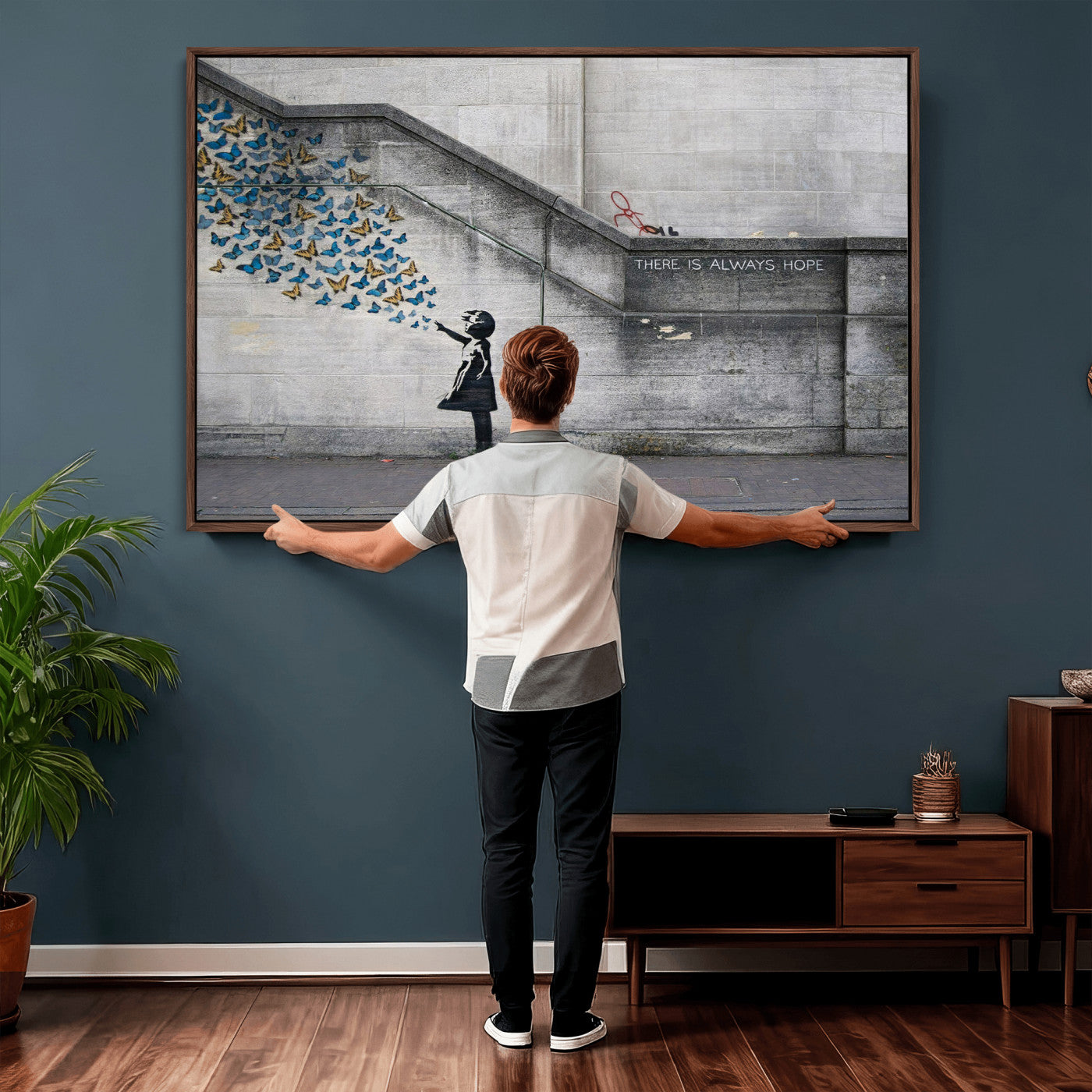 15274223-MGV-CV-36X24 - Banksy Girl with Butterflies Street Art Wall Art Canvas Print, Hope Graffiti Urban Art Canvas Print, Minimalist Inspirational Street Art Contemporary Art Printing