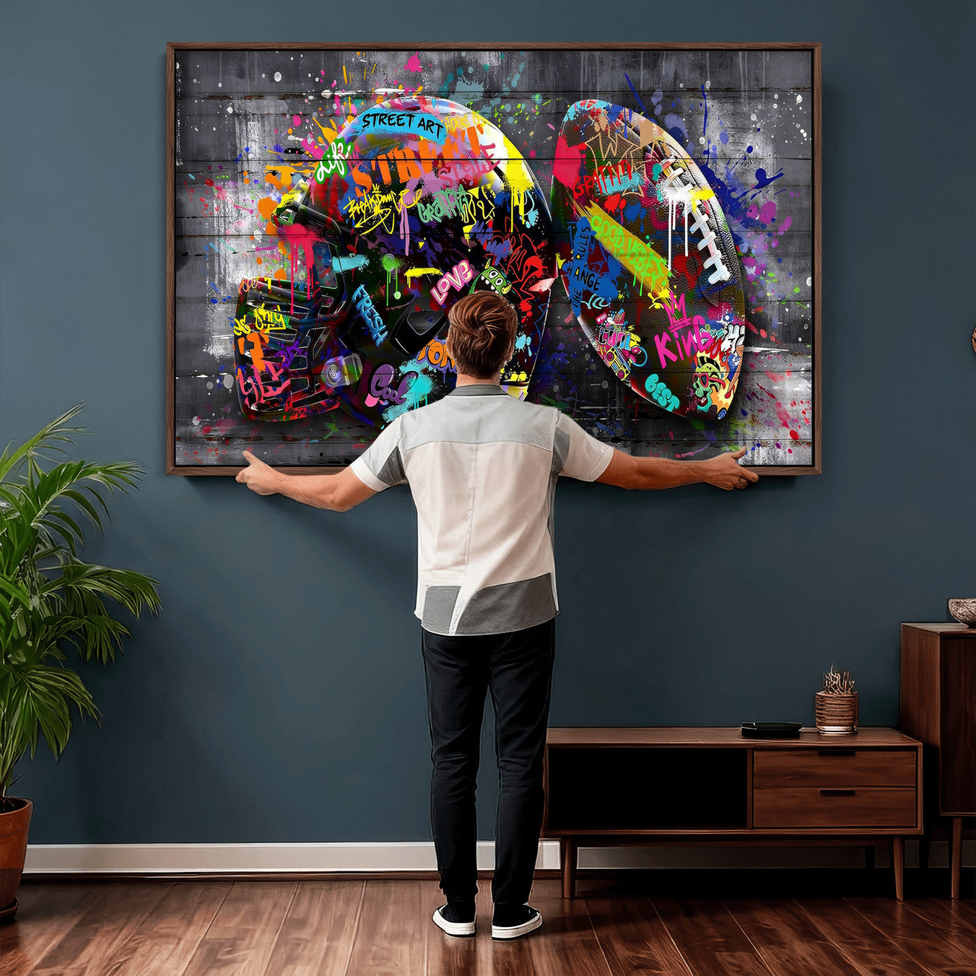 80540773-MGV-CV-36X24 - Graffiti American Football Helmet Street Art Wall Art Canvas Print, Urban Sports Pop Art Football Canvas Print, Colorful Graffiti Sports Contemporary Art Printing