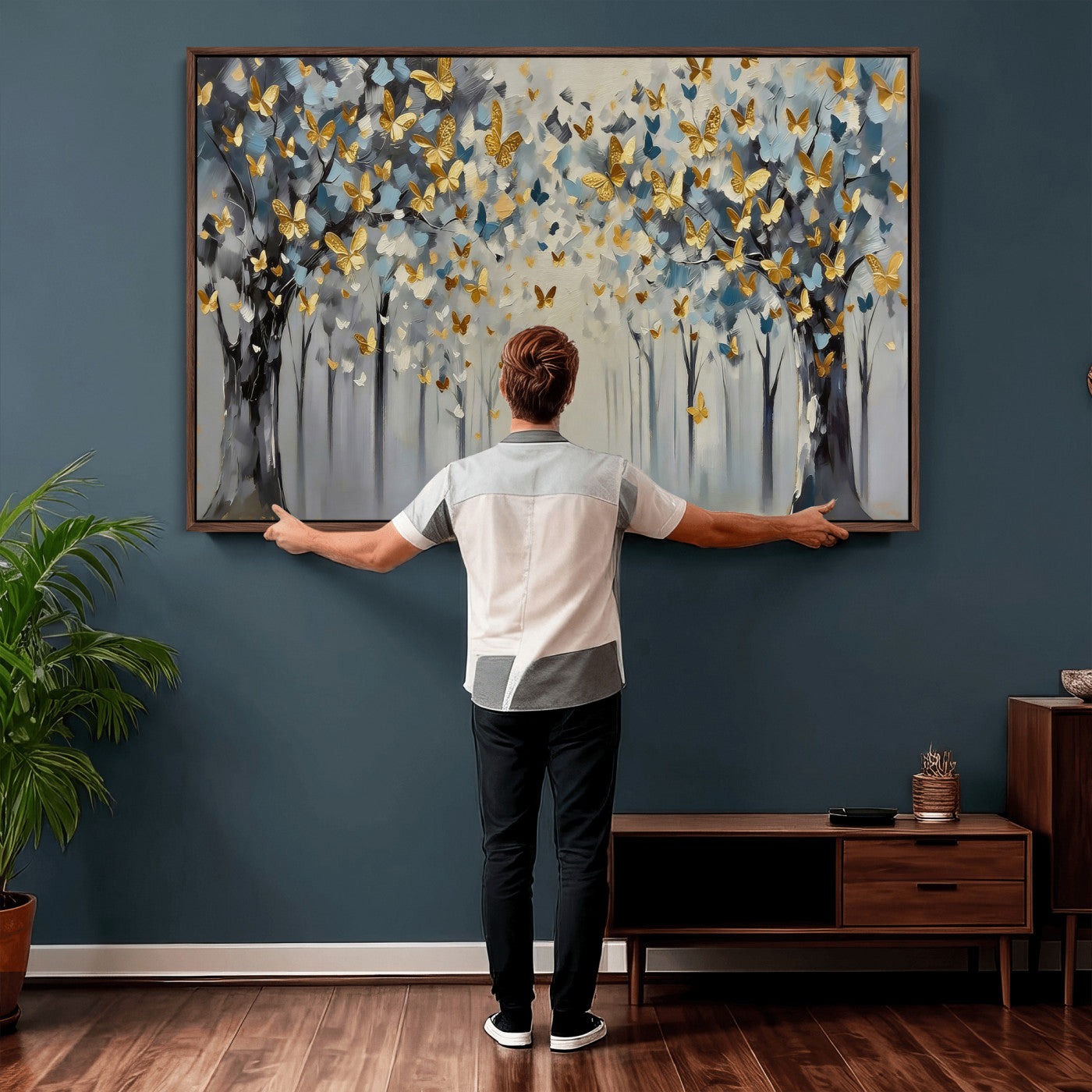 79208191-MGV-CV-36X24 - Golden Butterfly Tree Abstract Wall Art Canvas Print, Modern Elegant Nature Painting Canvas Print, Blue Gold Contemporary Floral Art Printing