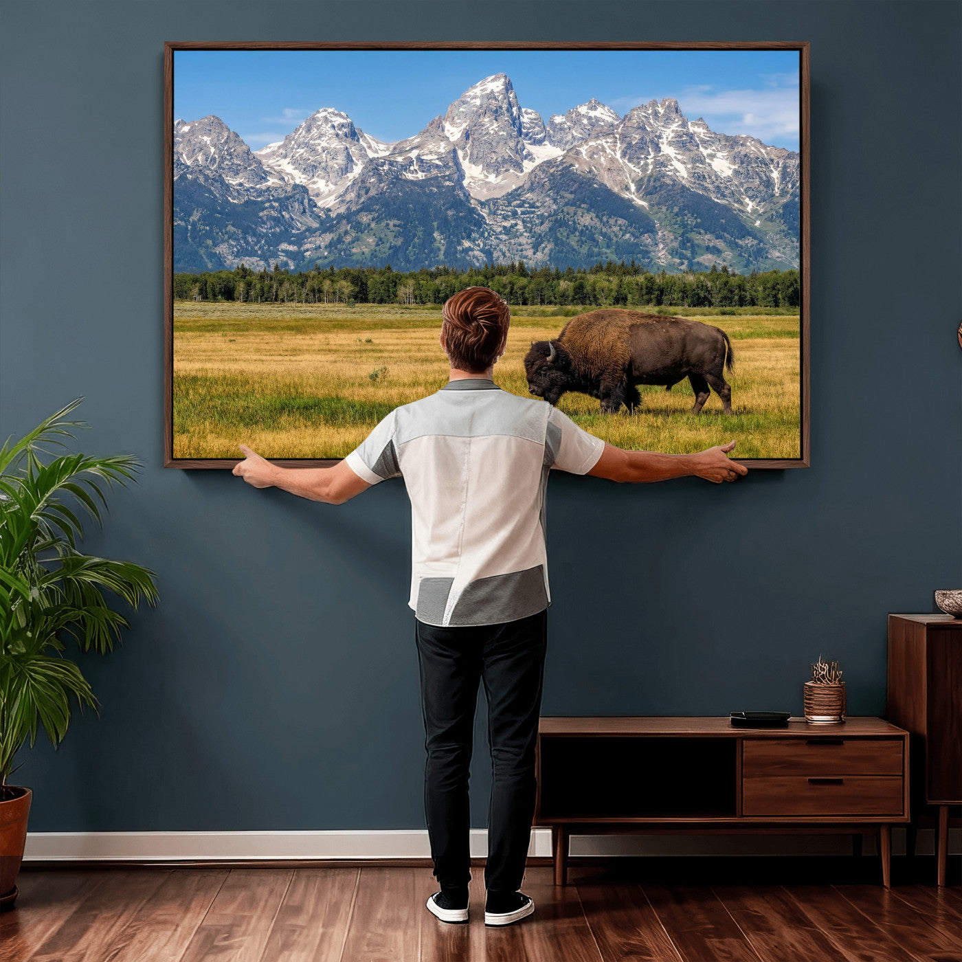 20424529-MGV-CV-36X24 - Bison in Mountain Landscape Wall Art Canvas Print – Western Wildlife Artwork for Rustic Living Room Decor