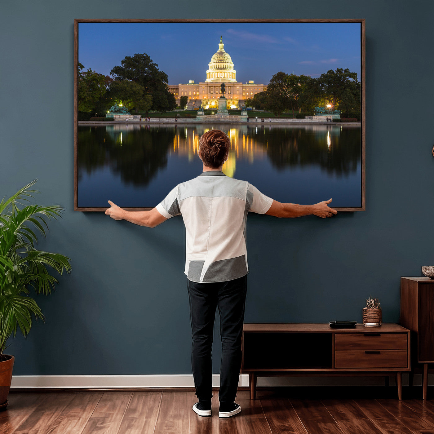 95568590-MGV-CV-36X24 - US Capitol Building Wall Art Canvas Print – Washington DC Landmark Night Reflection Artwork for Office Decor