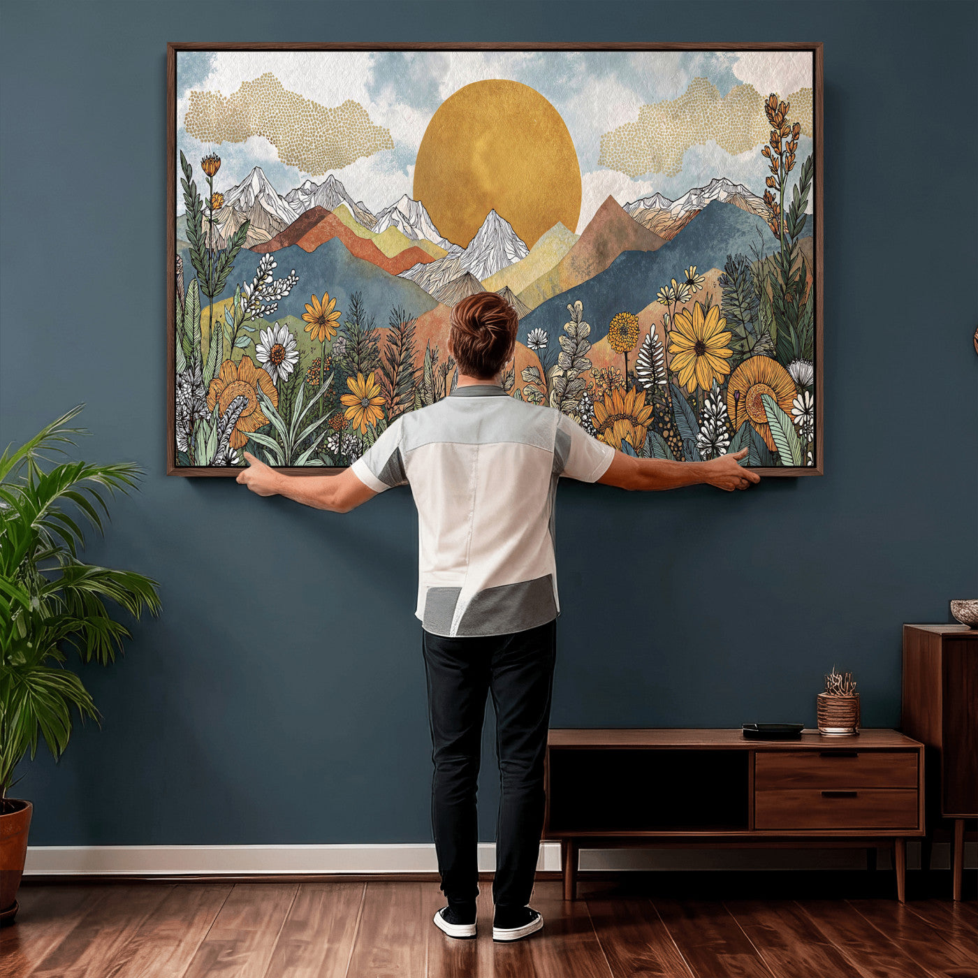 17540863-MGV-CV-36X24 - Boho Mountain Landscape Large Wall Art, Horizontal Gold Framed Canvas Print with Sun and Flowers