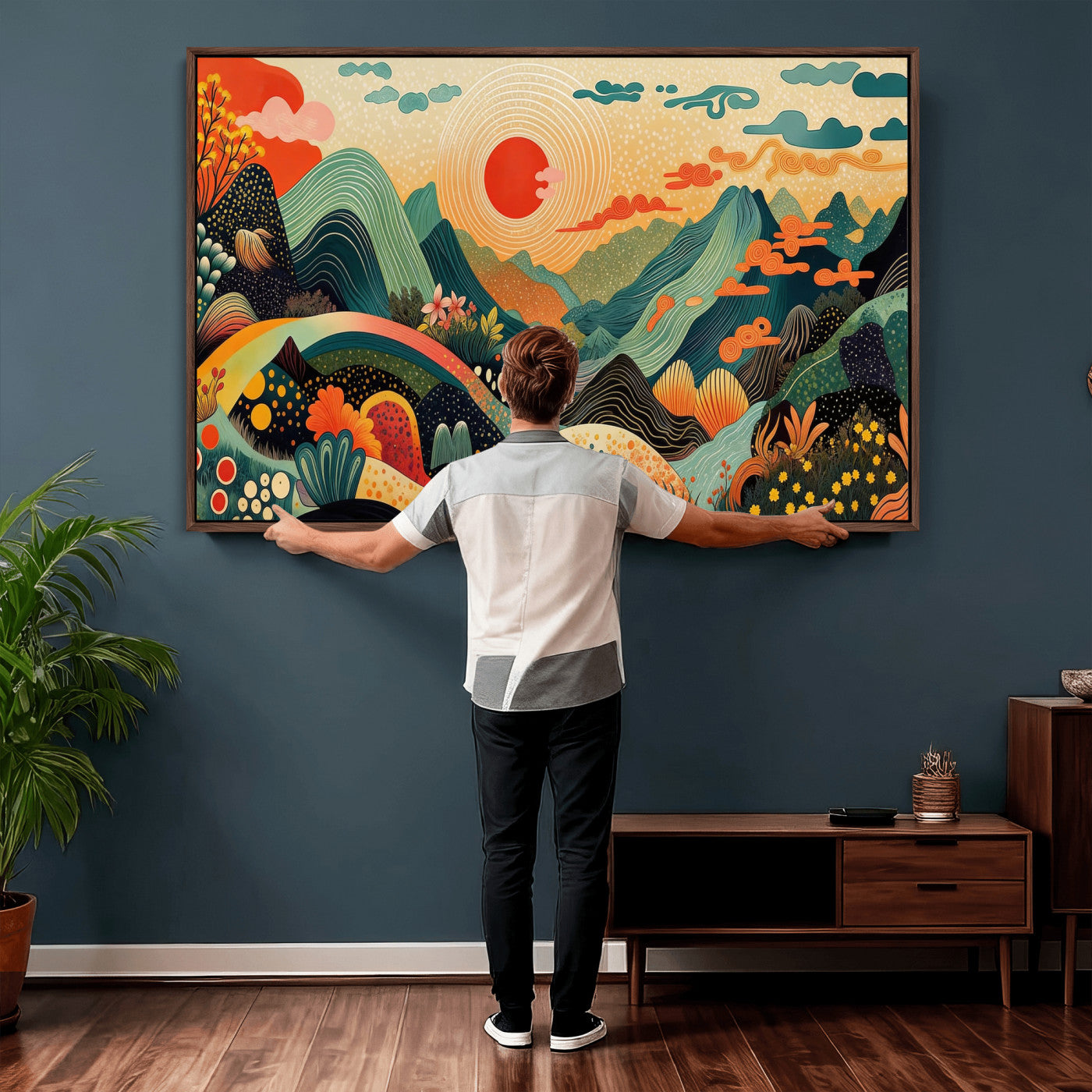 29927191-MGV-CV-36X24 - Yayoi Kusama Boho Mountain Landscape Large Wall Art, Horizontal Gold Framed Canvas Print with Sun and Flowers