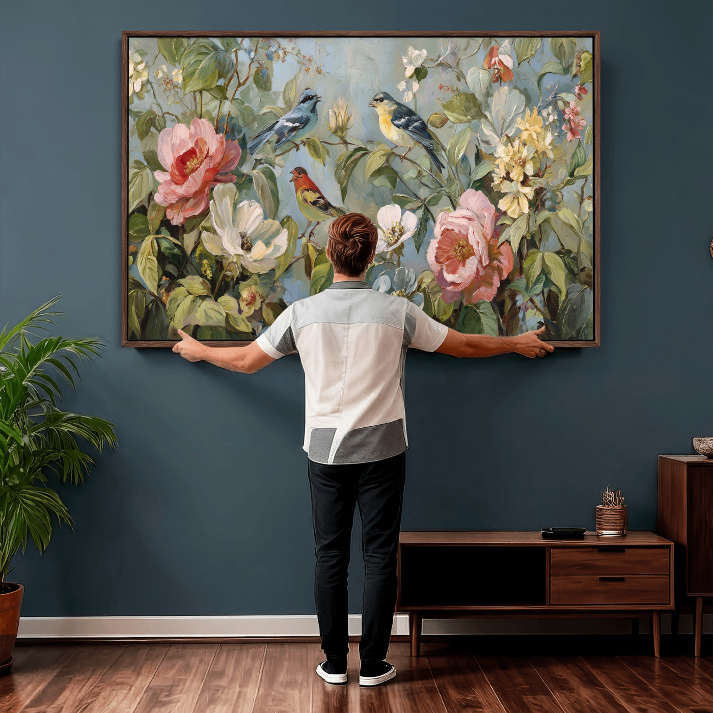 55440837-MGV-CV-36X24 - Vintage Birds and Flowers Wall Art Canvas Print, Botanical Bird Painting Canvas Print, Floral Garden Bird Artwork Canvas Print, Classic Bird Flower Painting Canvas Print