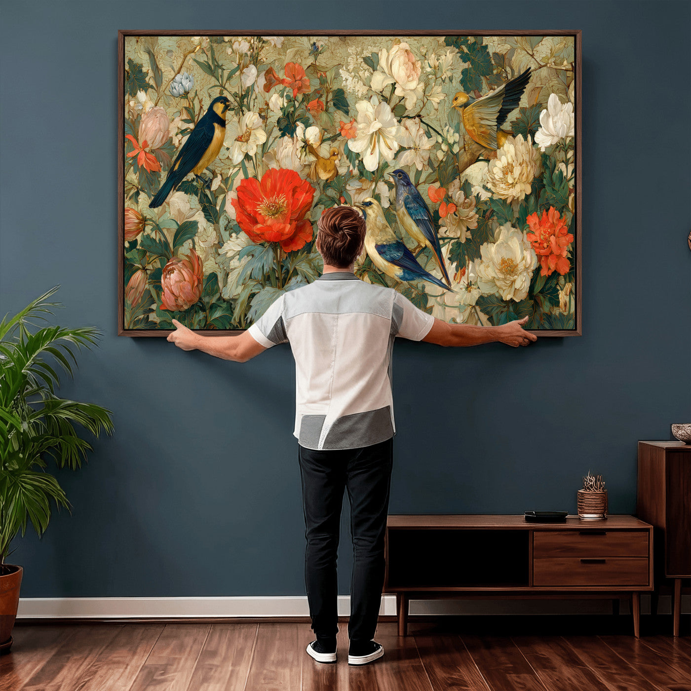 52904757-MGV-CV-36X24 - Vintage Birds and Flowers Wall Art Canvas Print, Botanical Bird Painting Canvas Print, Floral Garden Bird Artwork Canvas Print, Classic Bird Flower Painting Canvas Print