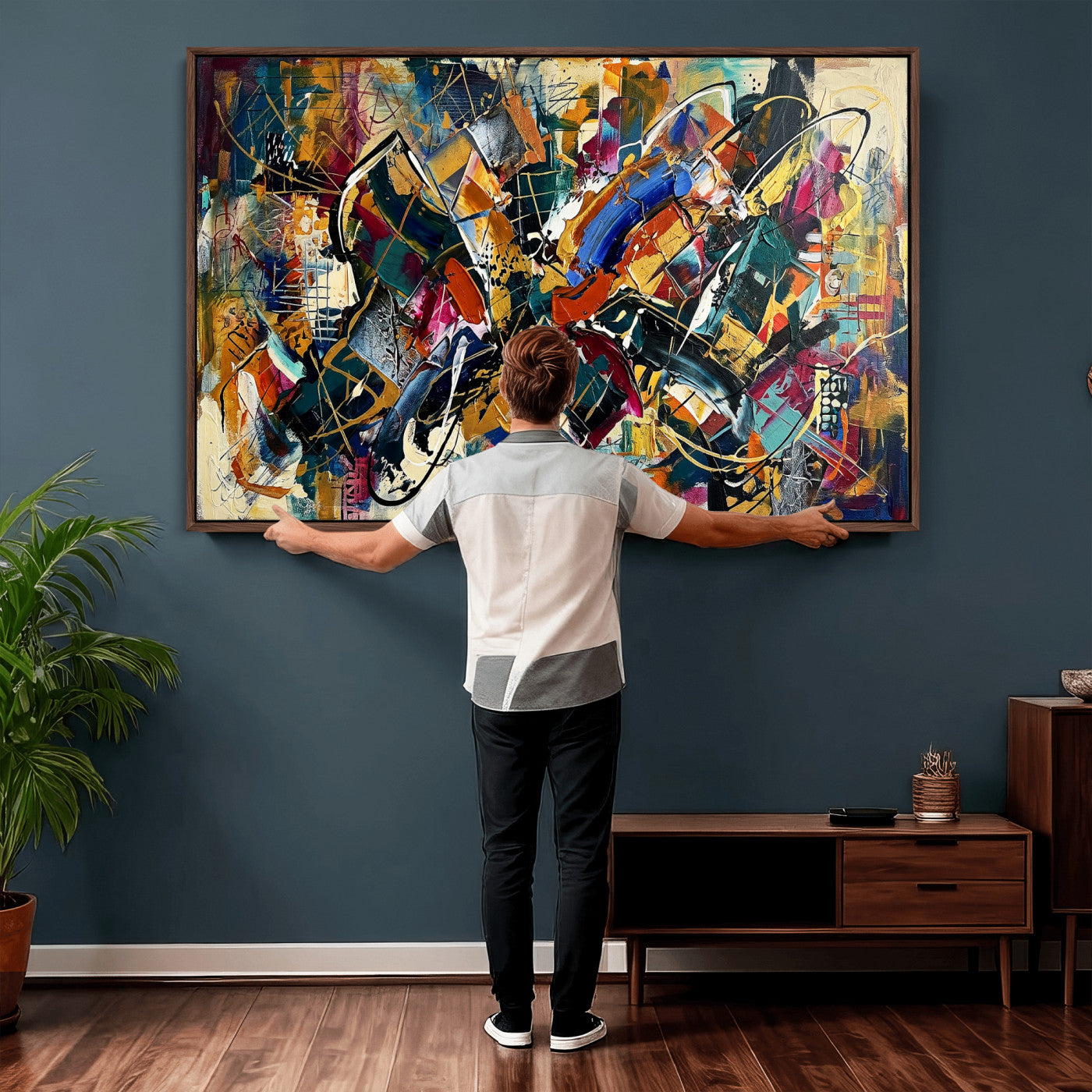 15525527-MGV-CV-36X24 - Geometric Abstract Wall Art Canvas Print, Orange Blue Abstract Expressionist Painting Print, Modern Geometric Abstract Canvas Art