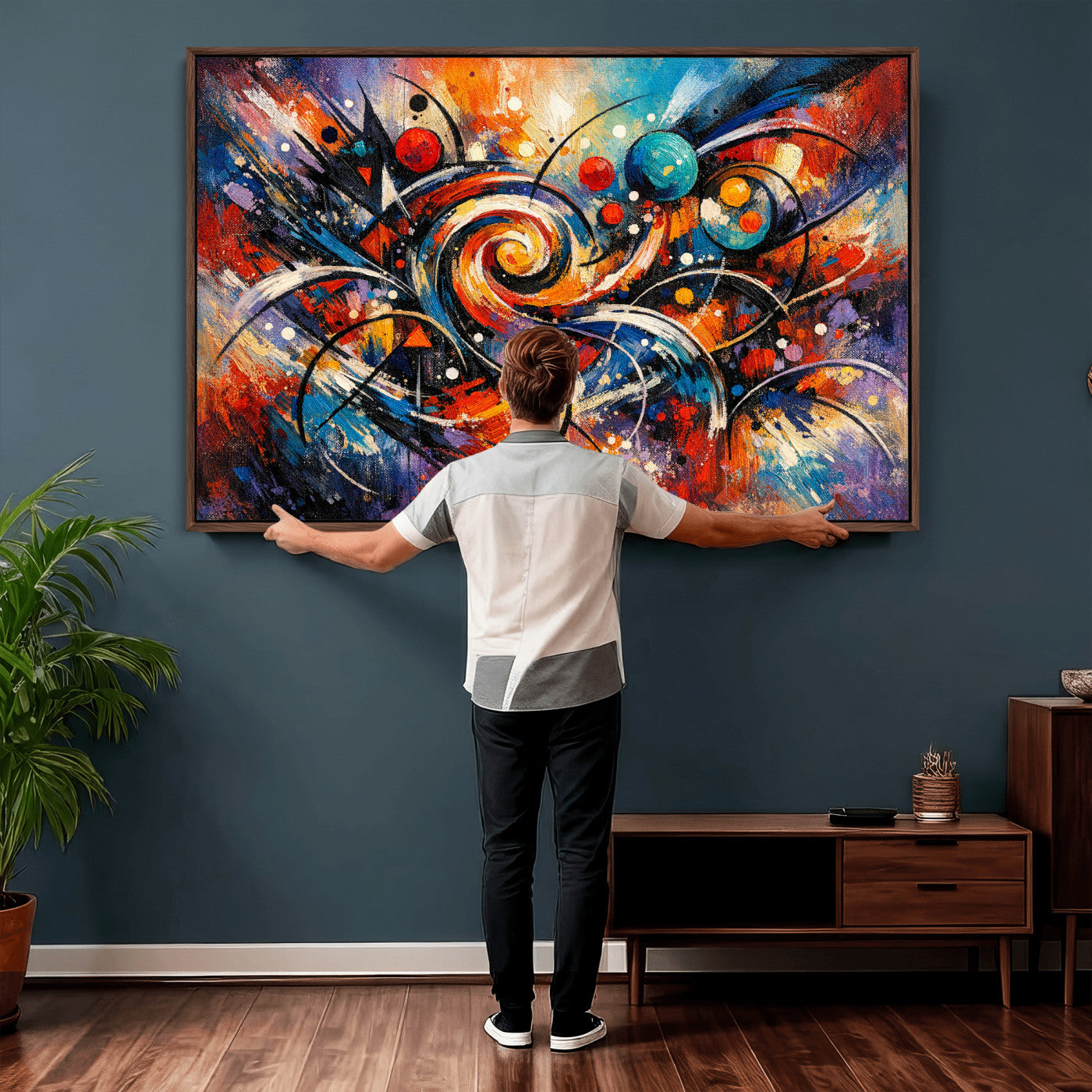 60193267-MGV-CV-36X24 - Geometric Abstract Wall Art Canvas Print, Orange Blue Abstract Expressionist Painting Print, Modern Geometric Abstract Canvas Art