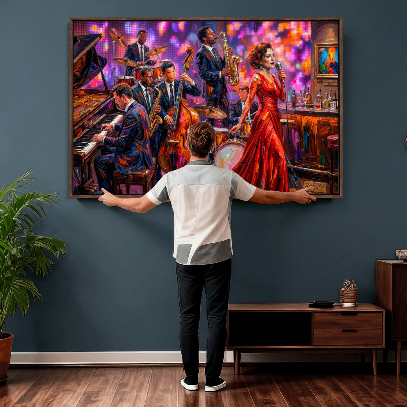 620930J20-MGV-CV-36X24 - Jazz Band Canvas Wall Art — Jazz Club Singer Saxophone Print | Music Wall Decor | Bar Restaurant Art | Music Lover Gift | Jazz Home Decor