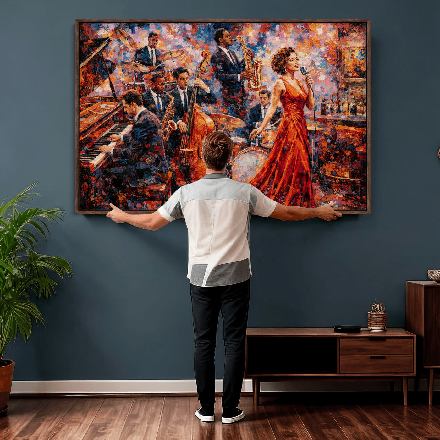 620930SF20-MGV-CV-36X24 - Jazz Band Canvas Wall Art — Jazz Club Singer Saxophone Print | Music Wall Decor | Bar Restaurant Art | Music Lover Gift | Jazz Home Decor