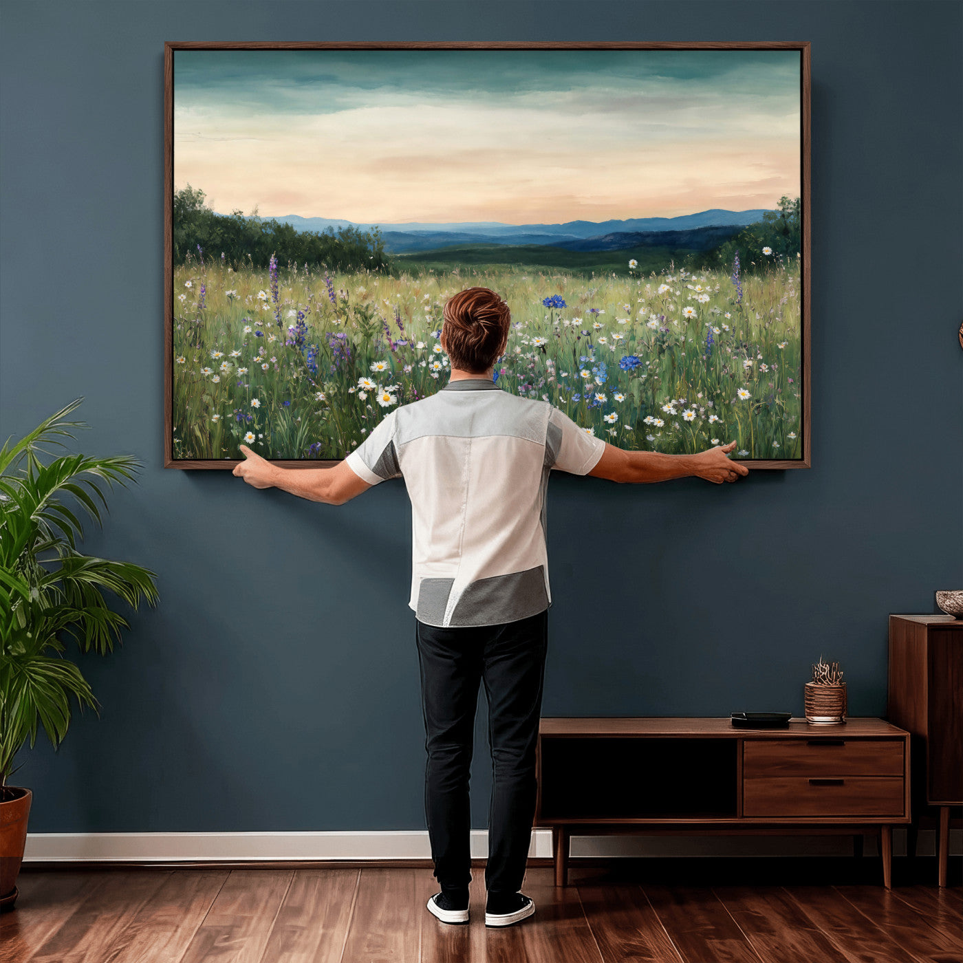 35773805-MGV-CV-36X24 - Wildflower Meadow Oil Painting Canvas Print - Daisy Lavender Mountain Sunset Print | Cottagecore Floral Wall Art - Bedroom Decor Gift for Her