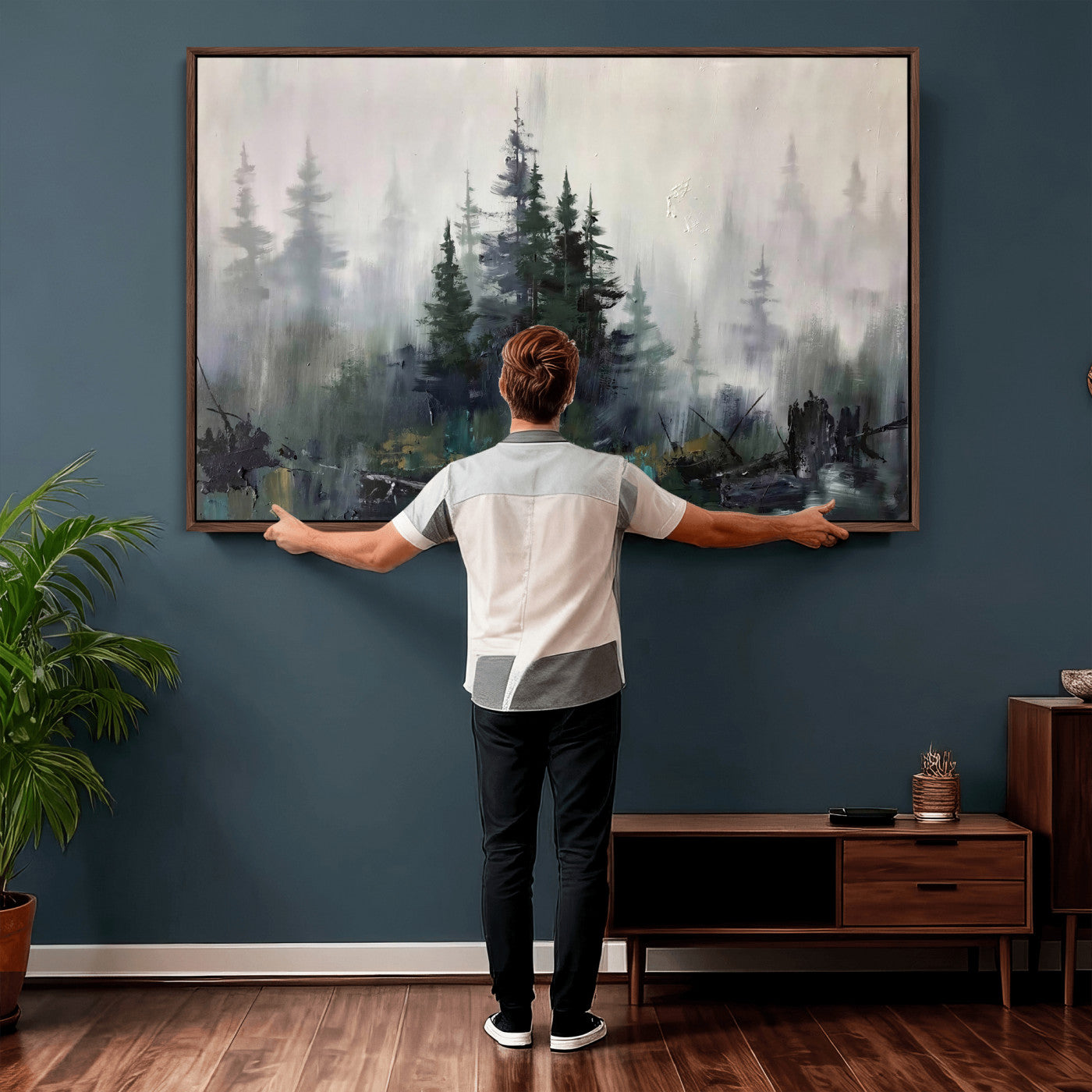 94143325-MGV-CV-36X24 - Misty Pine Forest Oil Painting Canvas — Dark Moody Teal Grey Tree Print | Japandi Scandinavian Wall Art | Minimalist Nature Decor Gift