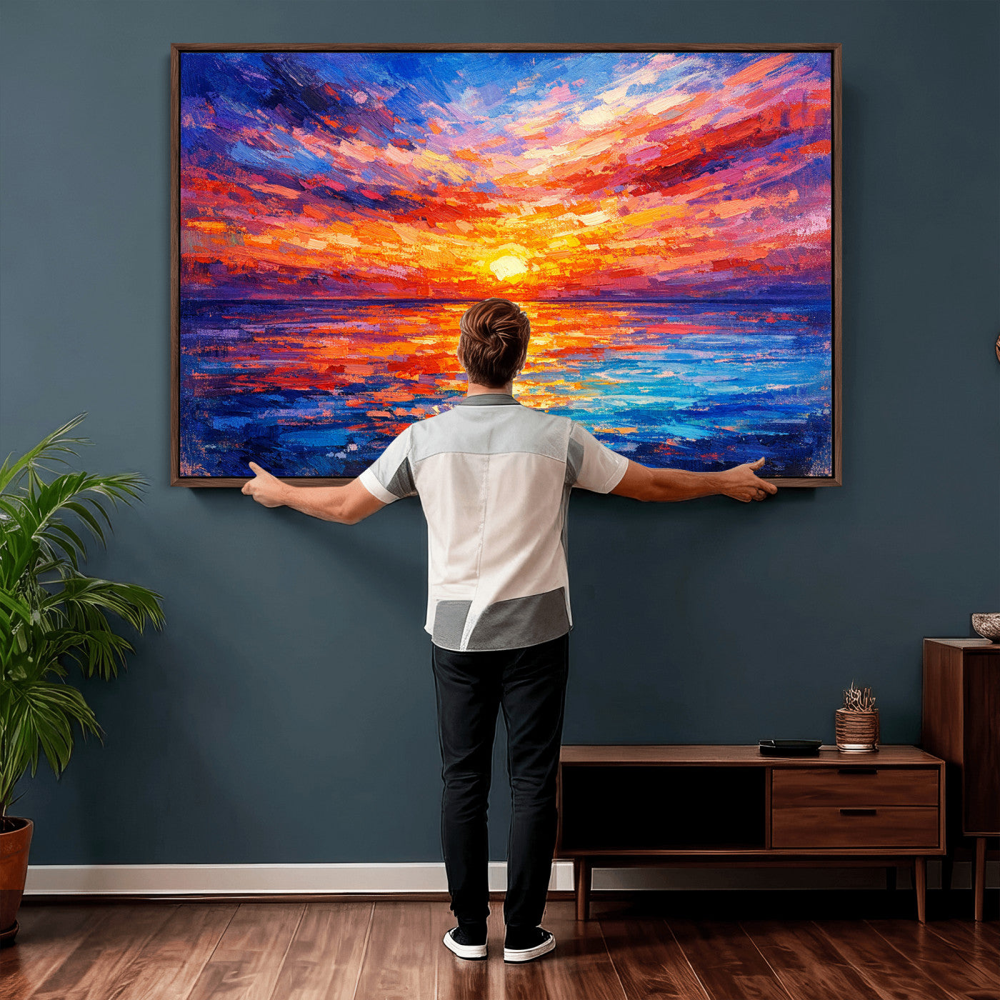 54915078-MGV-CV-36X24 - Colorful Knife Ocean Sunset Canvas — Orange Pink Teal Expressionist Sea Print | Colorful Coastal Wall Art | Vibrant Beach Decor Gift