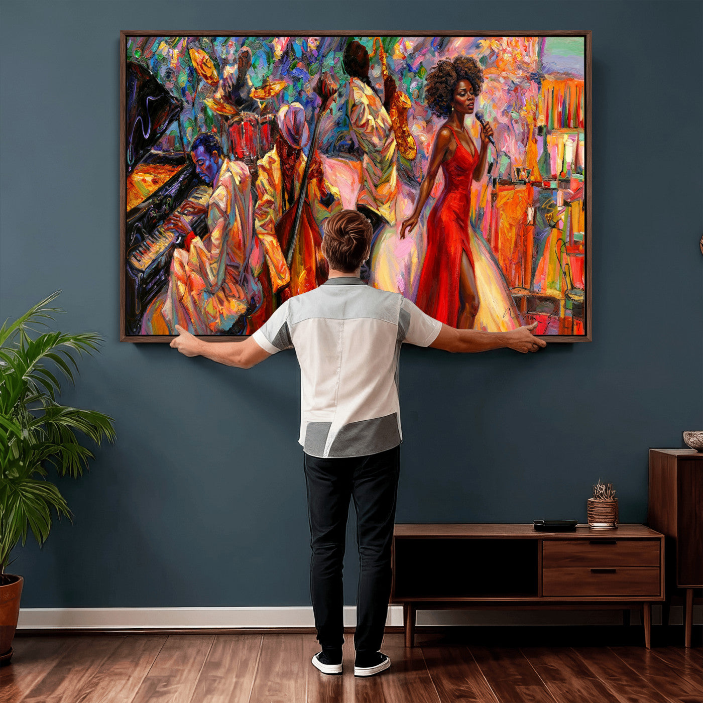 72615137-MGV-CV-36X24 - African American Jazz Singer Canvas Art - Red Dress Black Woman Music Print | Colorful Jazz Band Wall Decor | Living Room Gift for Her